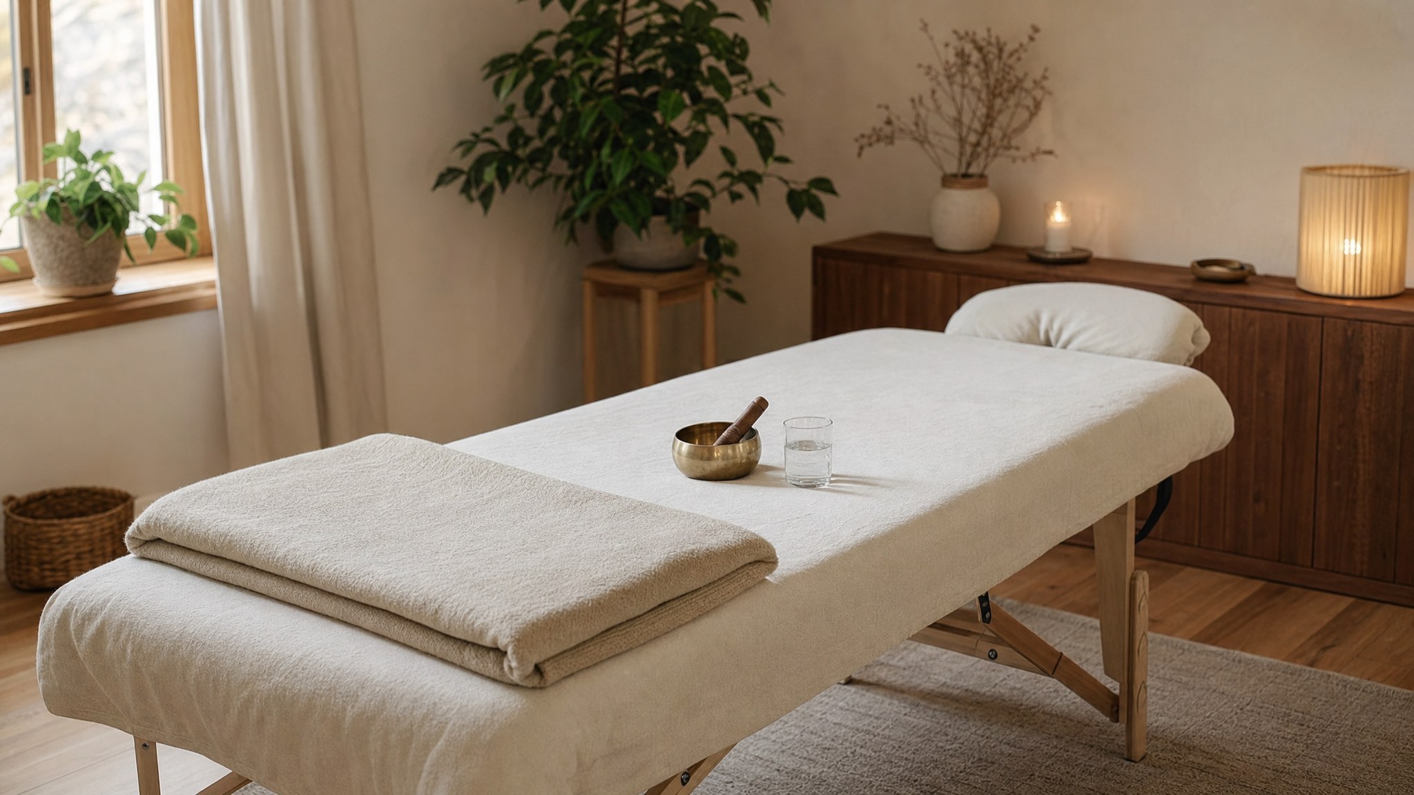 A prepared wellness treatment table with a folded blanket, singing bowl, and glass of water