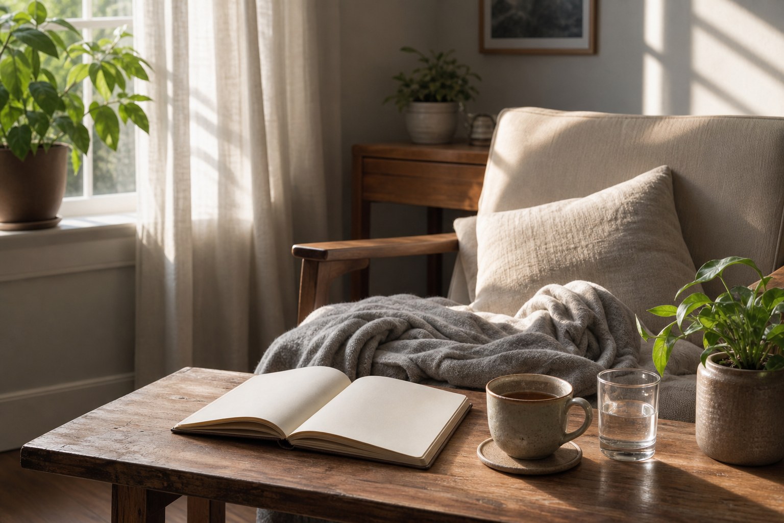 A sunlit chair, blanket, open journal, tea, and water after a quiet appointment