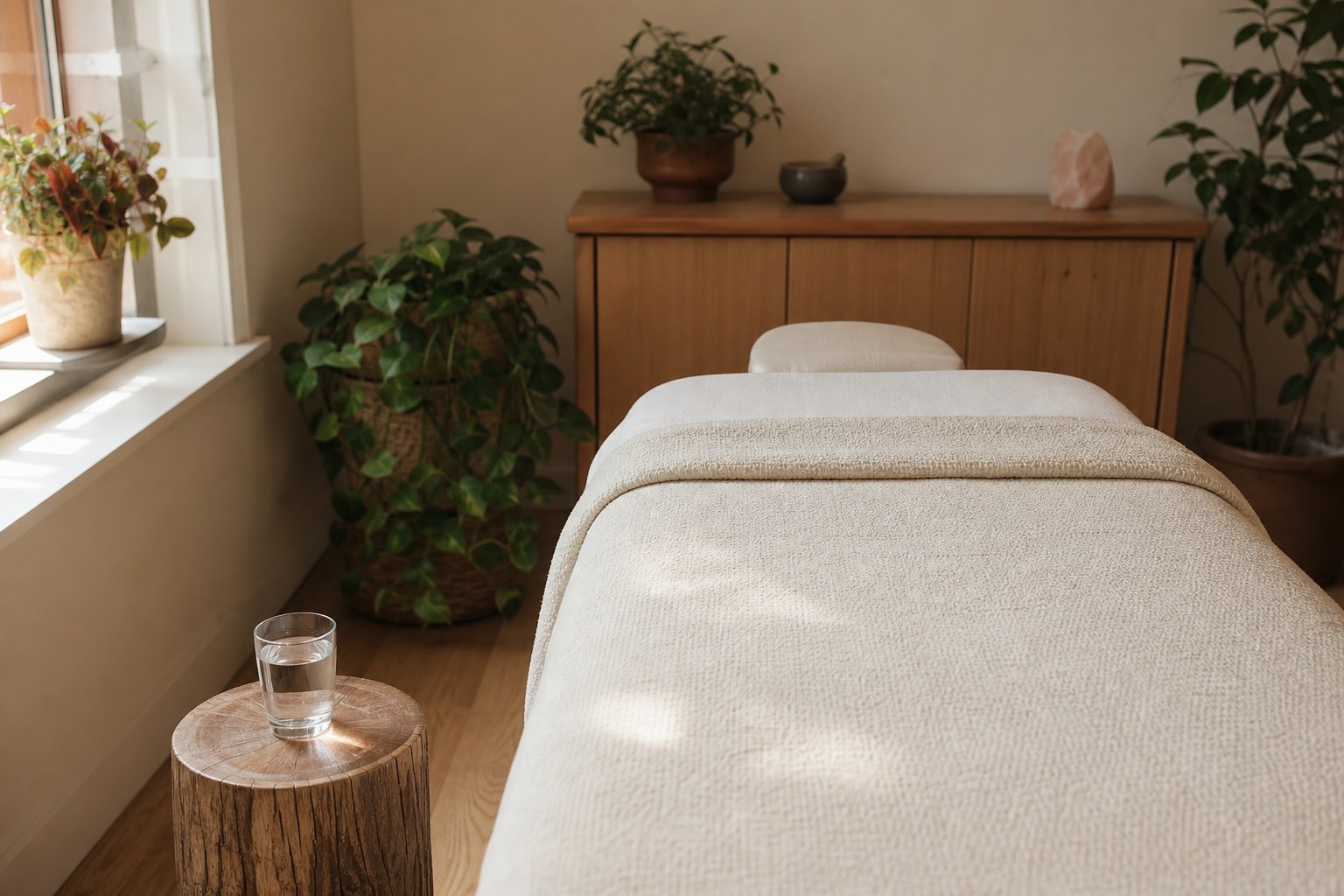 A private wellness room with a prepared treatment table, water, and plants