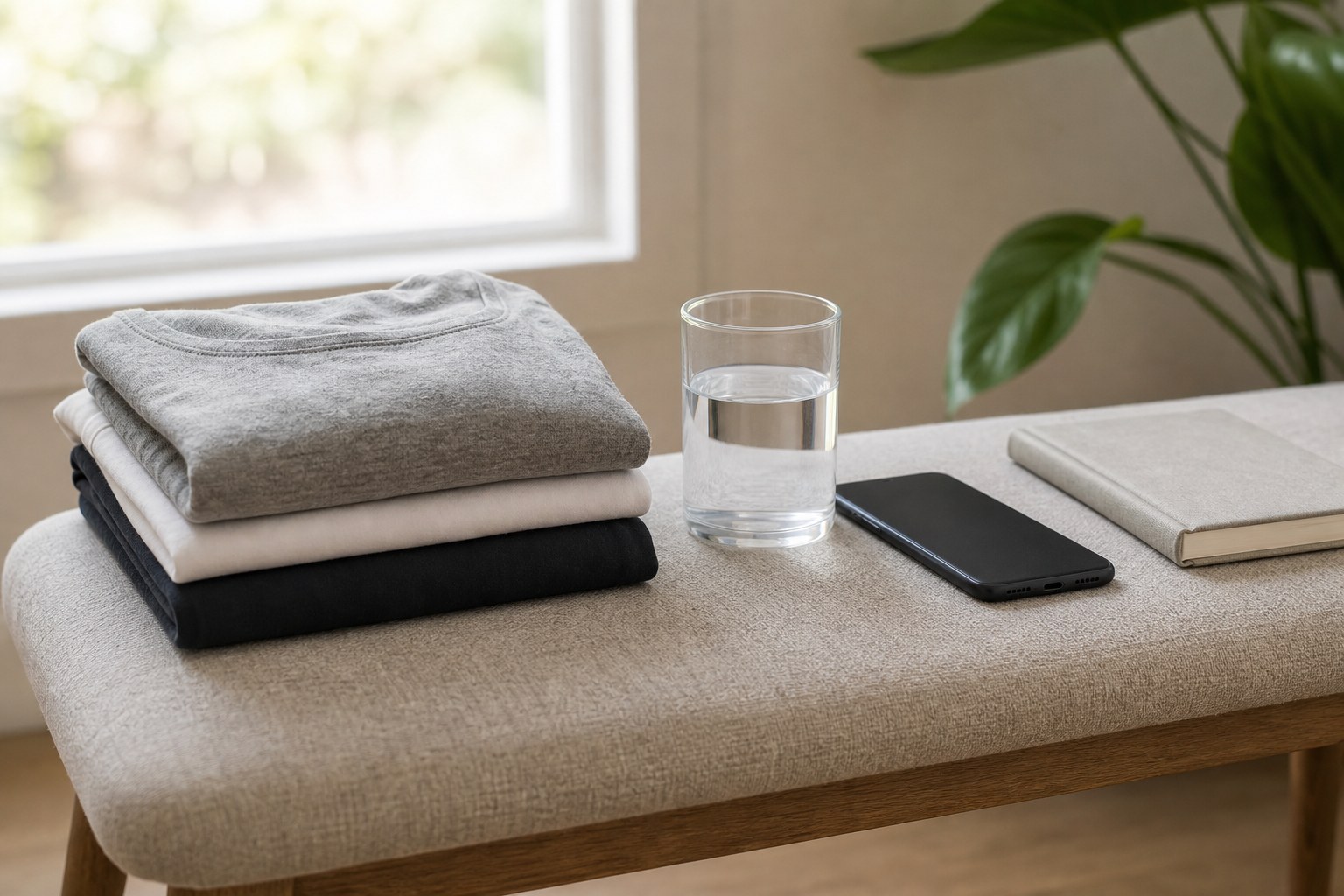 Comfortable clothing, water, a phone, and a notebook prepared in a bright room