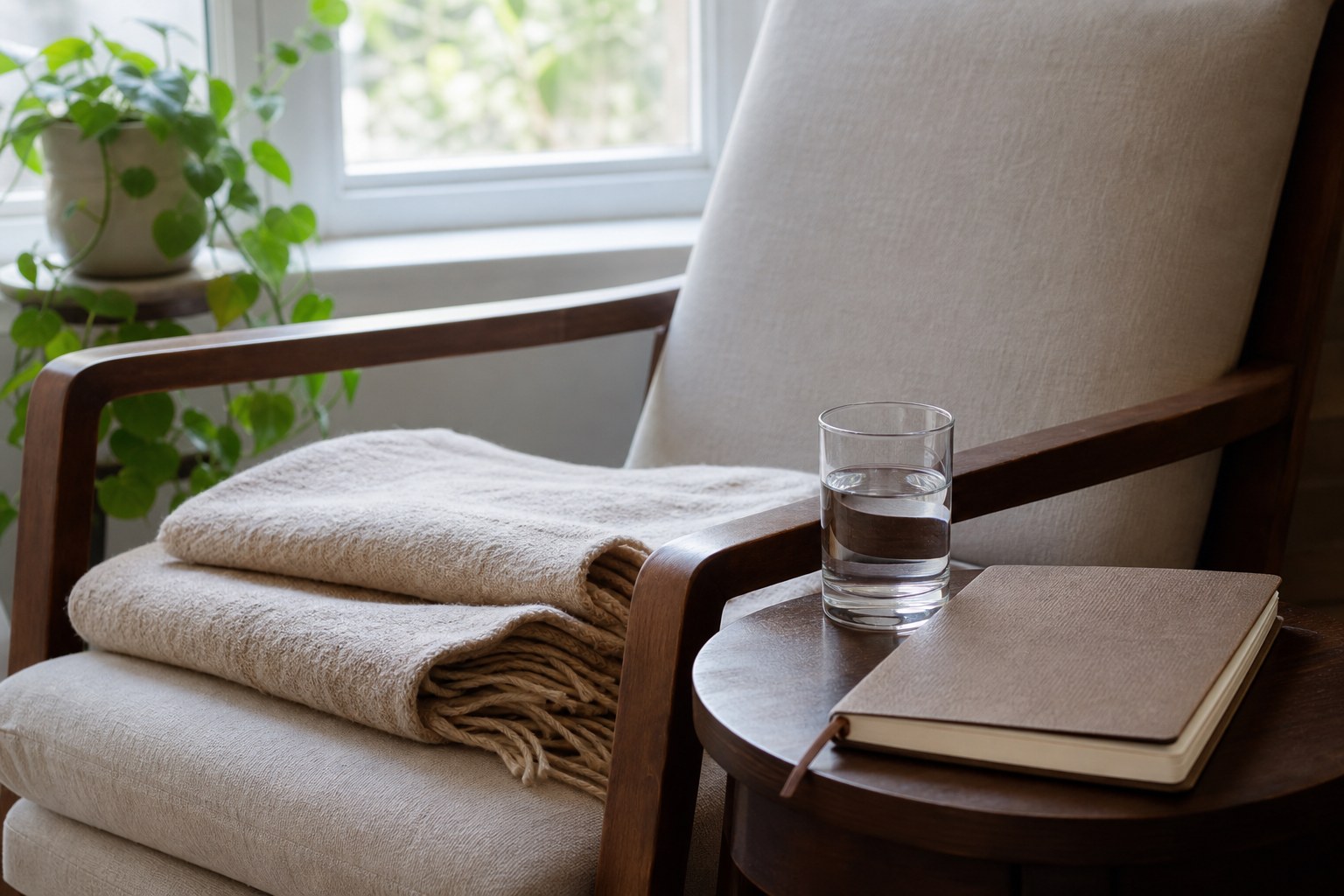A comfortable chair with folded blankets, water, and a journal by a window