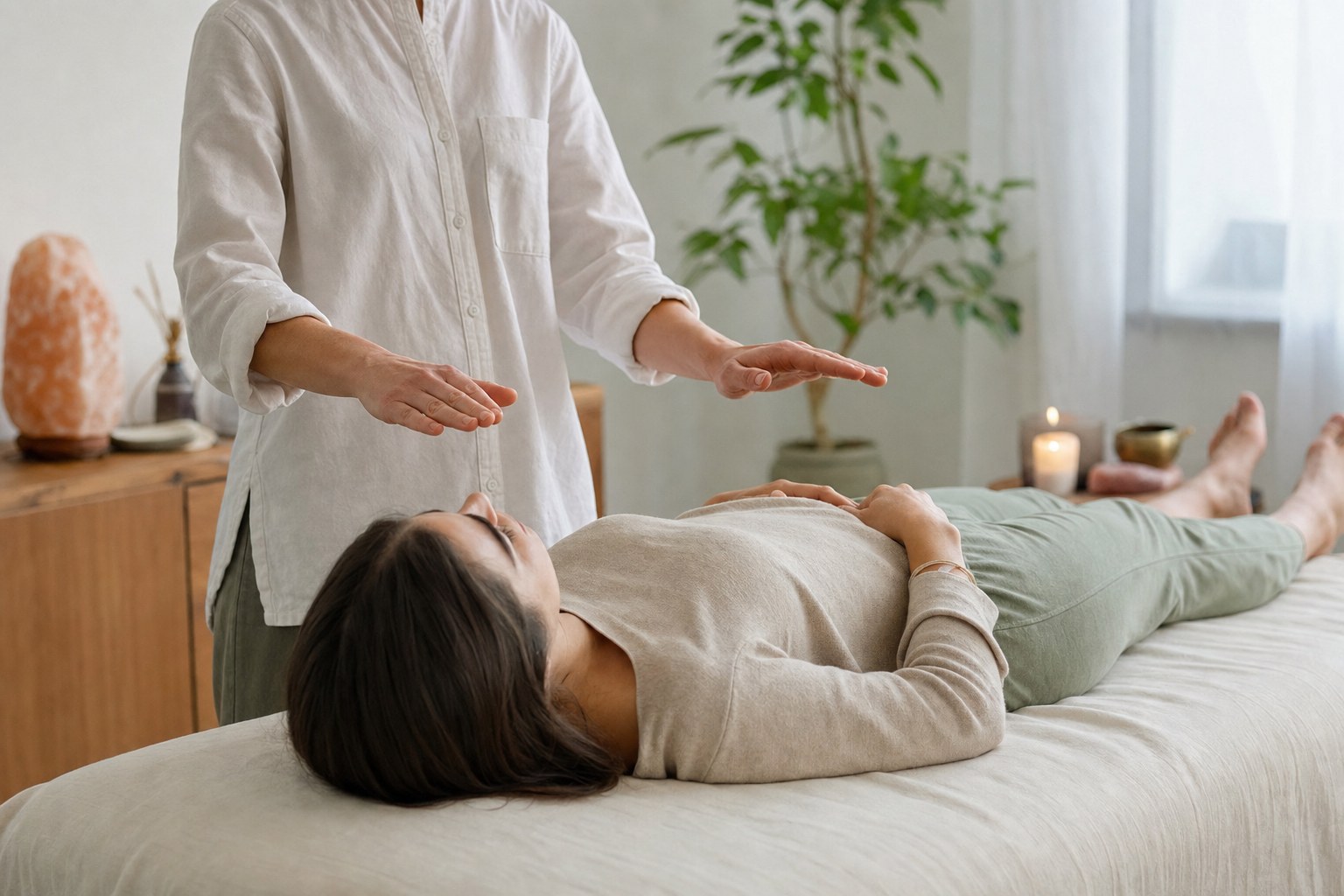 A fully clothed client resting on a treatment table while a practitioner uses a hands-off approach