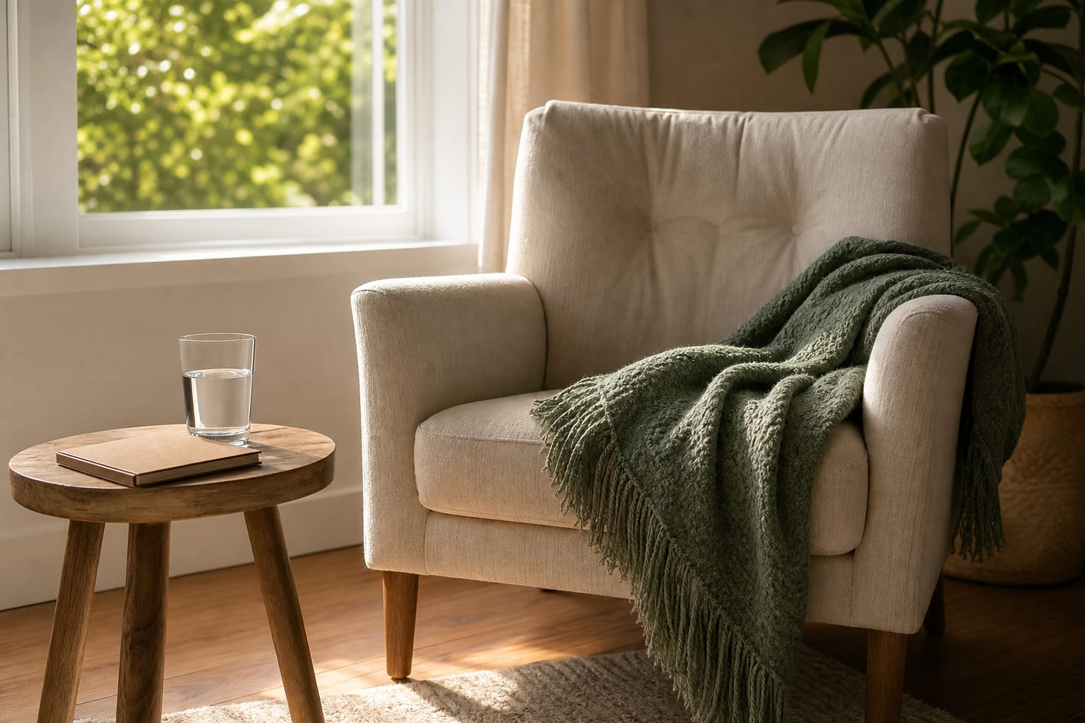 A comfortable chair with a soft green blanket, water, and journal beside a sunlit window