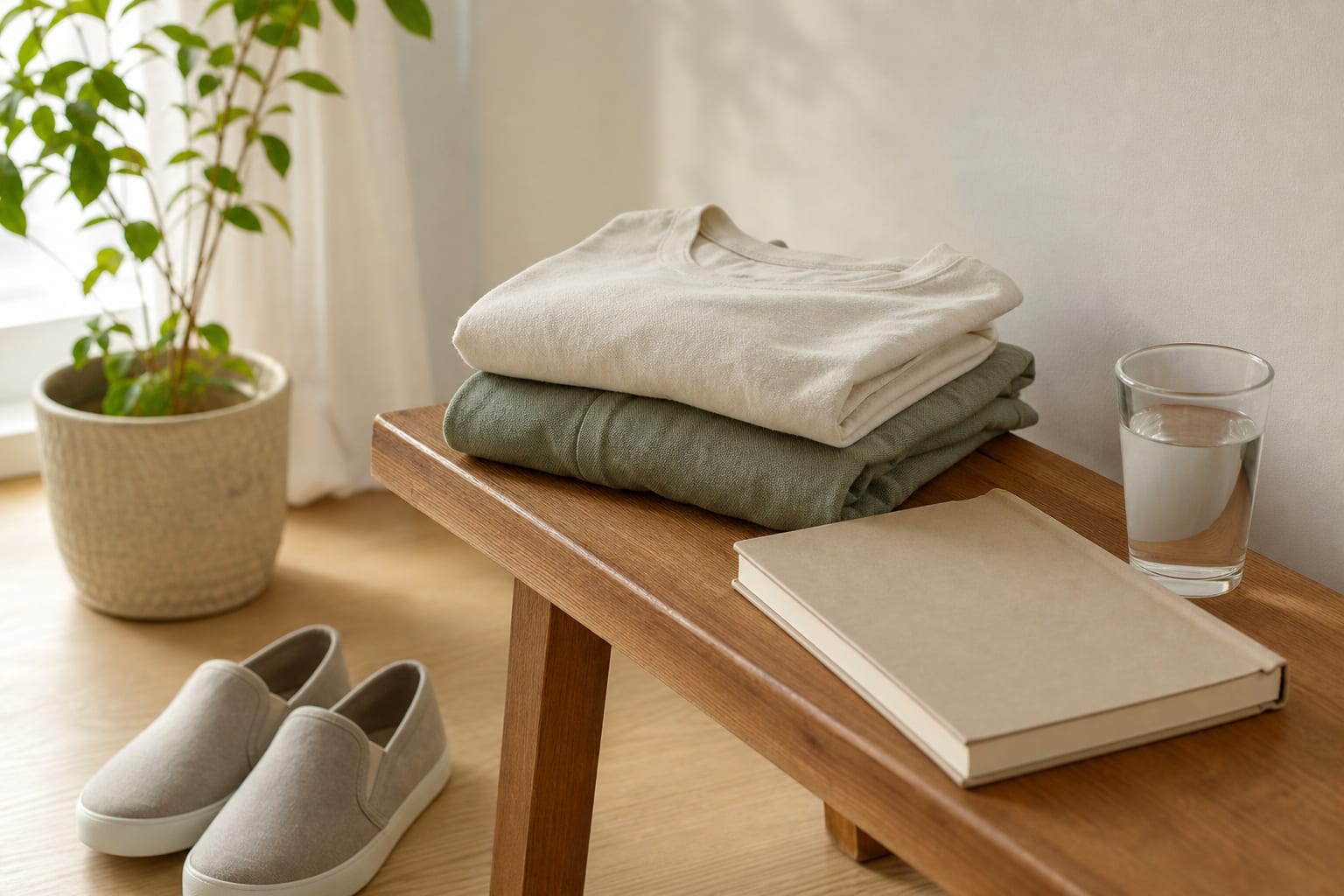 Comfortable clothing, a notebook, water, and shoes prepared before a wellness appointment