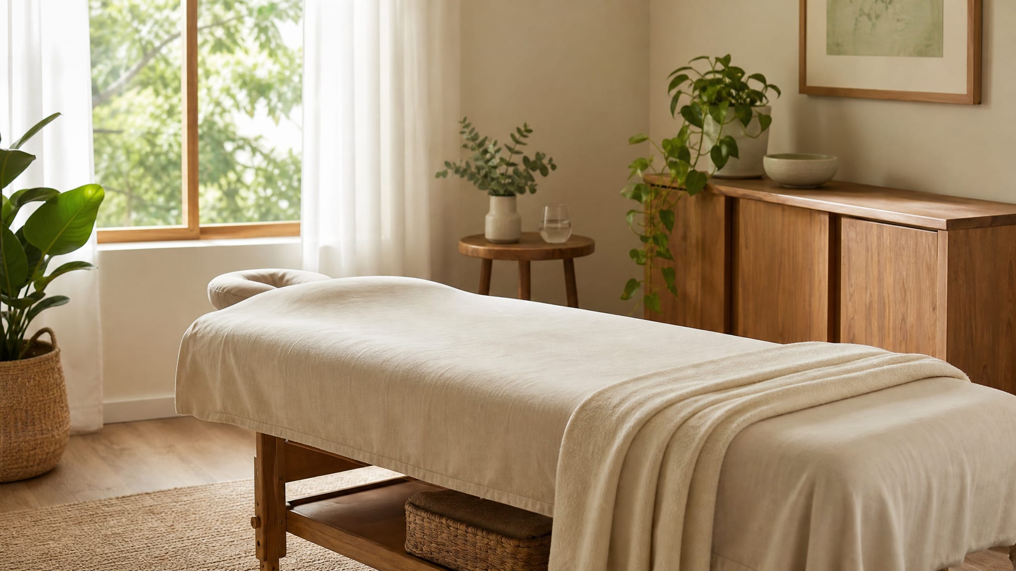 A calm, private wellness room with a prepared treatment table in natural light