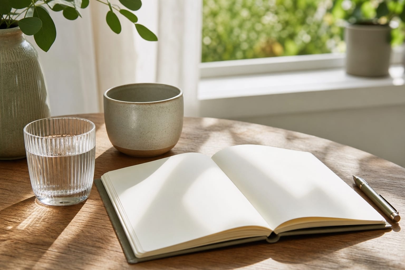 An open blank notebook with a pen, water, and ceramic cup on a sunny table