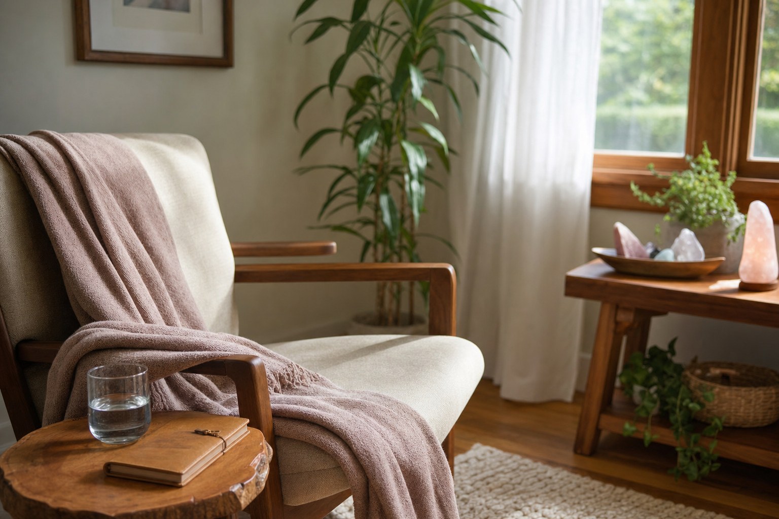 A comfortable chair, folded blanket, water, and journal in a sunlit quiet room