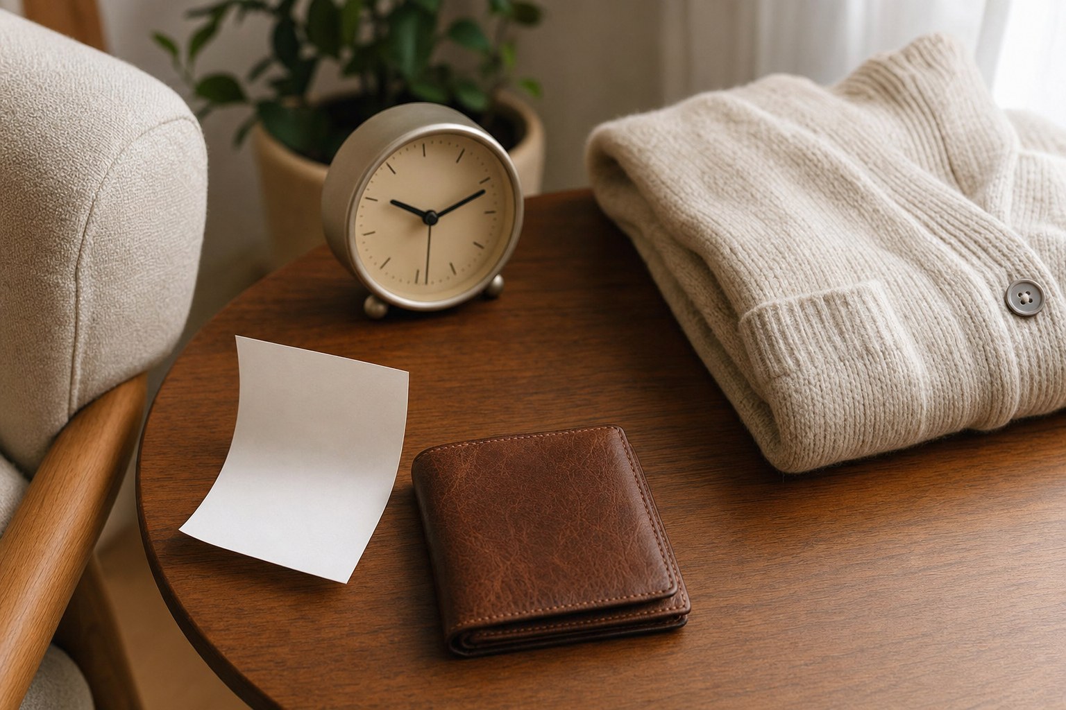 A wallet, blank receipt, clock, and folded sweater on a wood table
