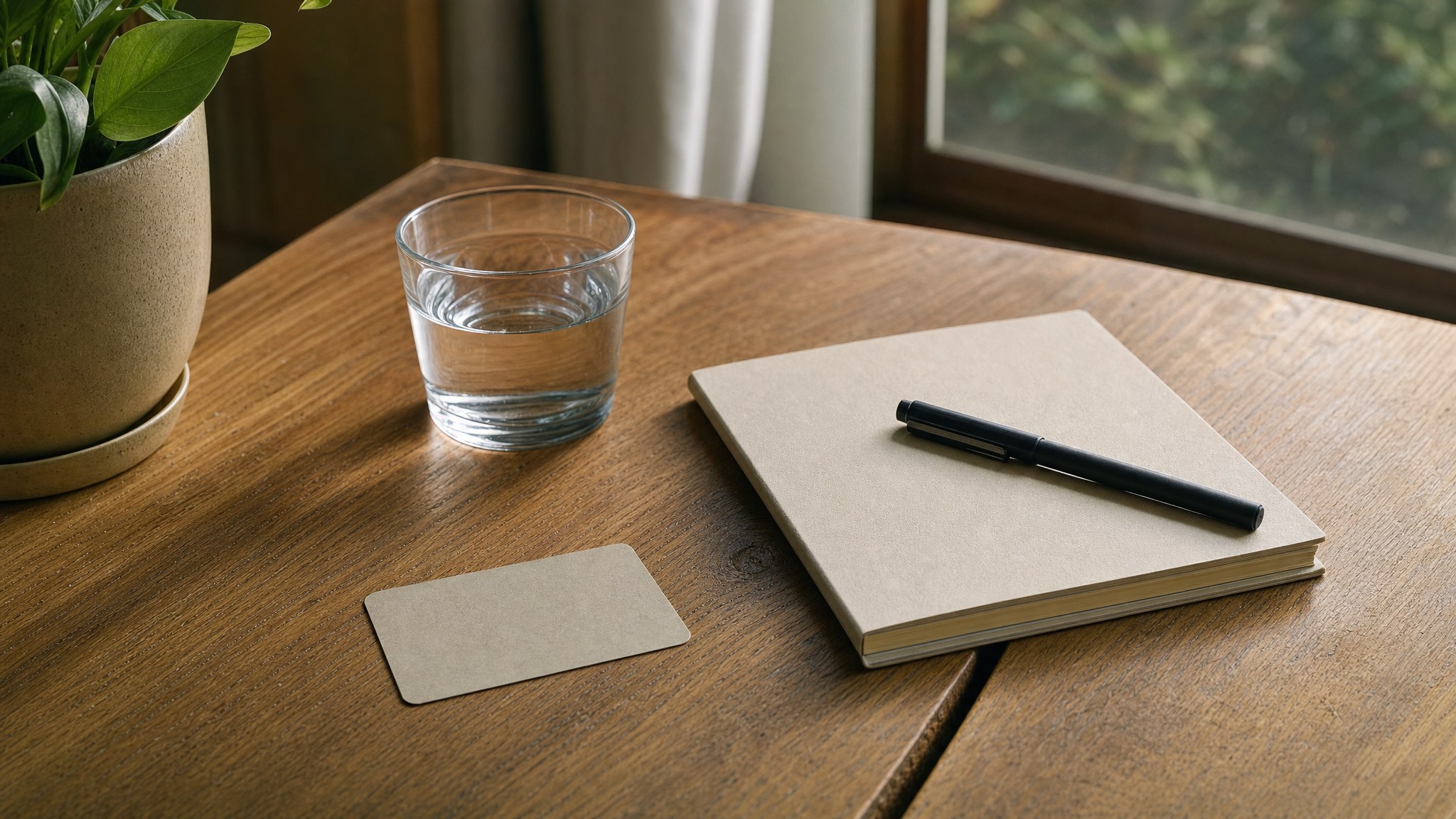A blank card, notebook, pen, and glass of water on a sunlit wood table