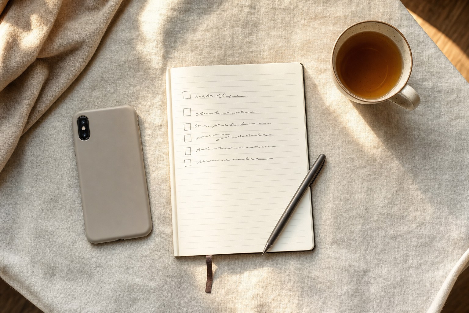 A notebook, phone, pen, and tea prepared on a sunlit table