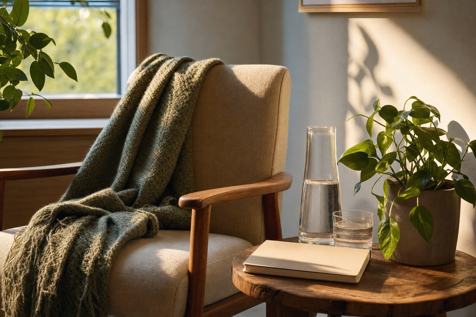 A sunlit chair with a blanket, water, journal, and houseplant