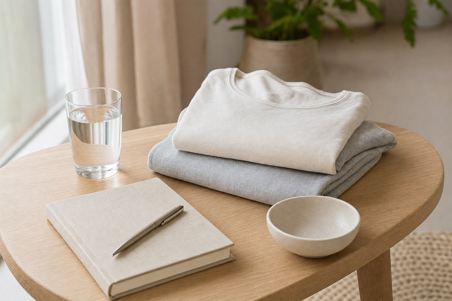 Comfortable clothing, water, and a journal arranged before a quiet wellness appointment