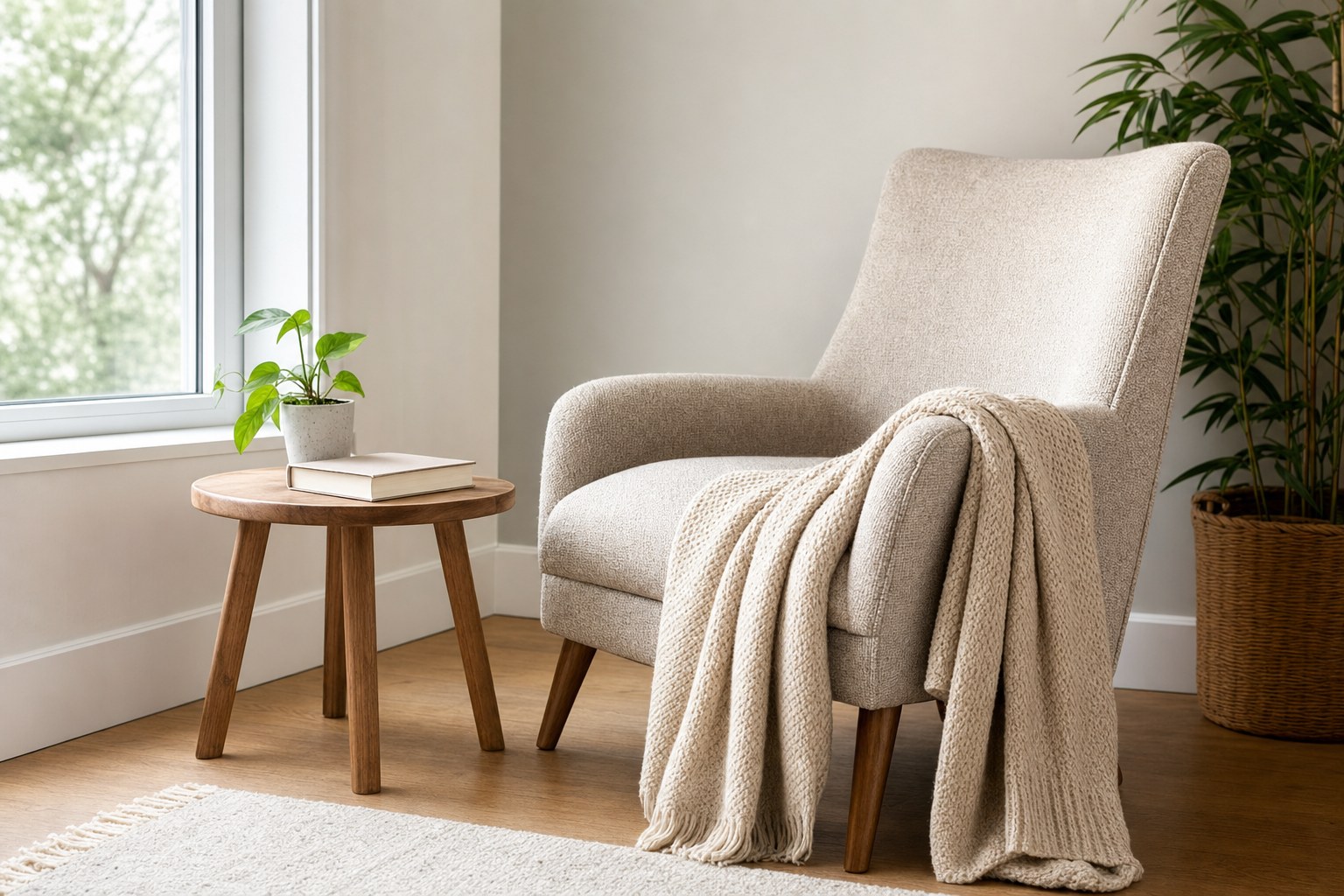A quiet chair with a soft blanket beside a small table and sunlit window