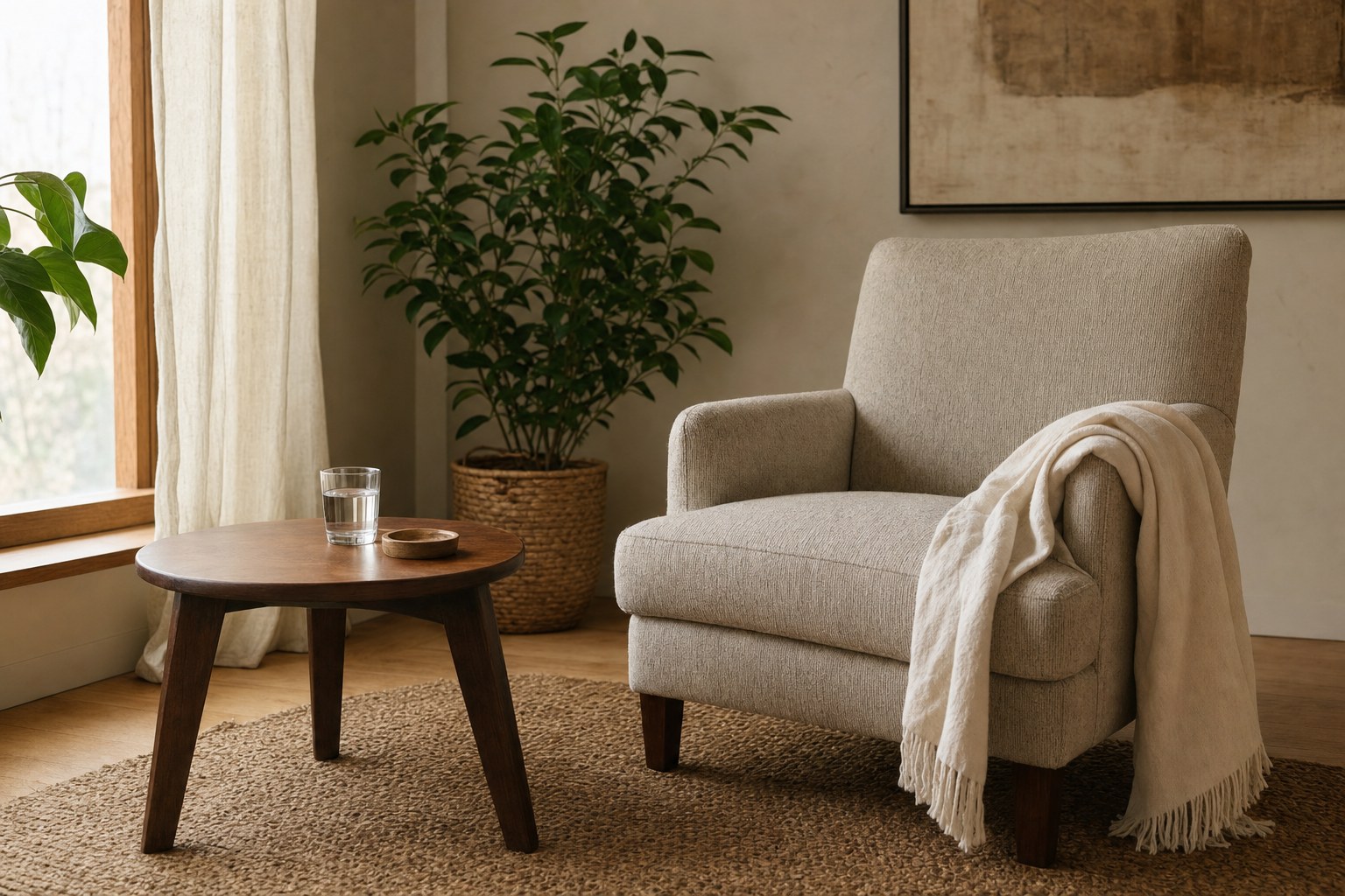 A comfortable chair and glass of water in a warm private wellness room