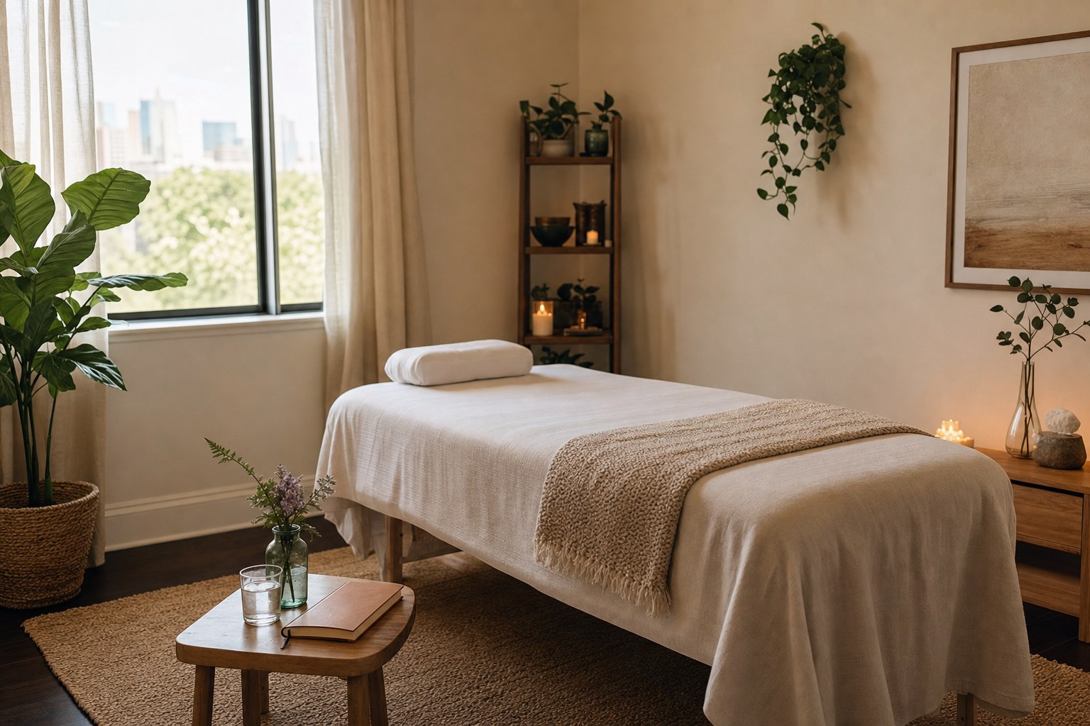 A calm treatment room with a prepared table, water, and journal