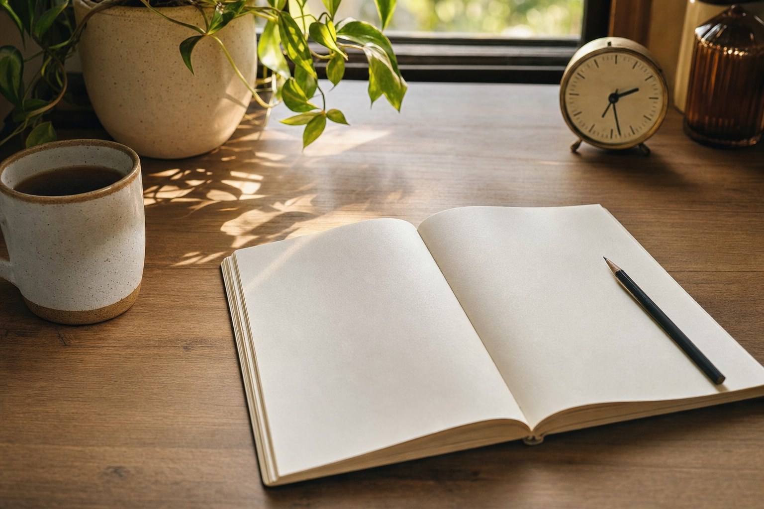 An open notebook, pencil, mug, and small clock on a sunlit wood desk