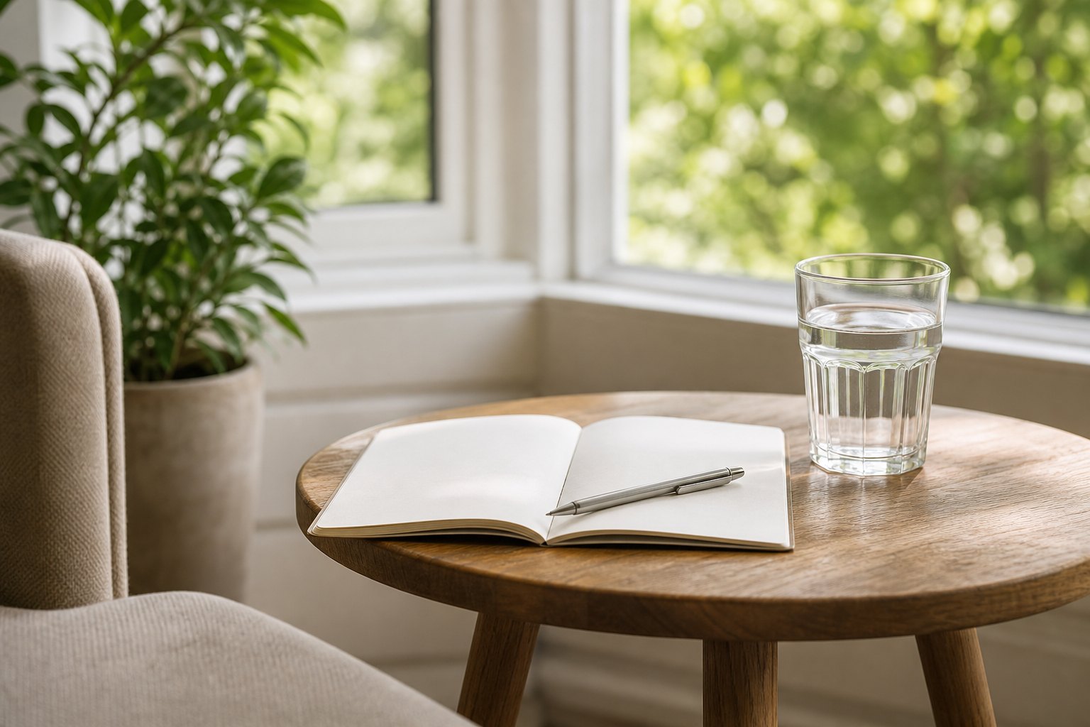 An open blank notebook, water, and a pen on a wood table beside a bright window