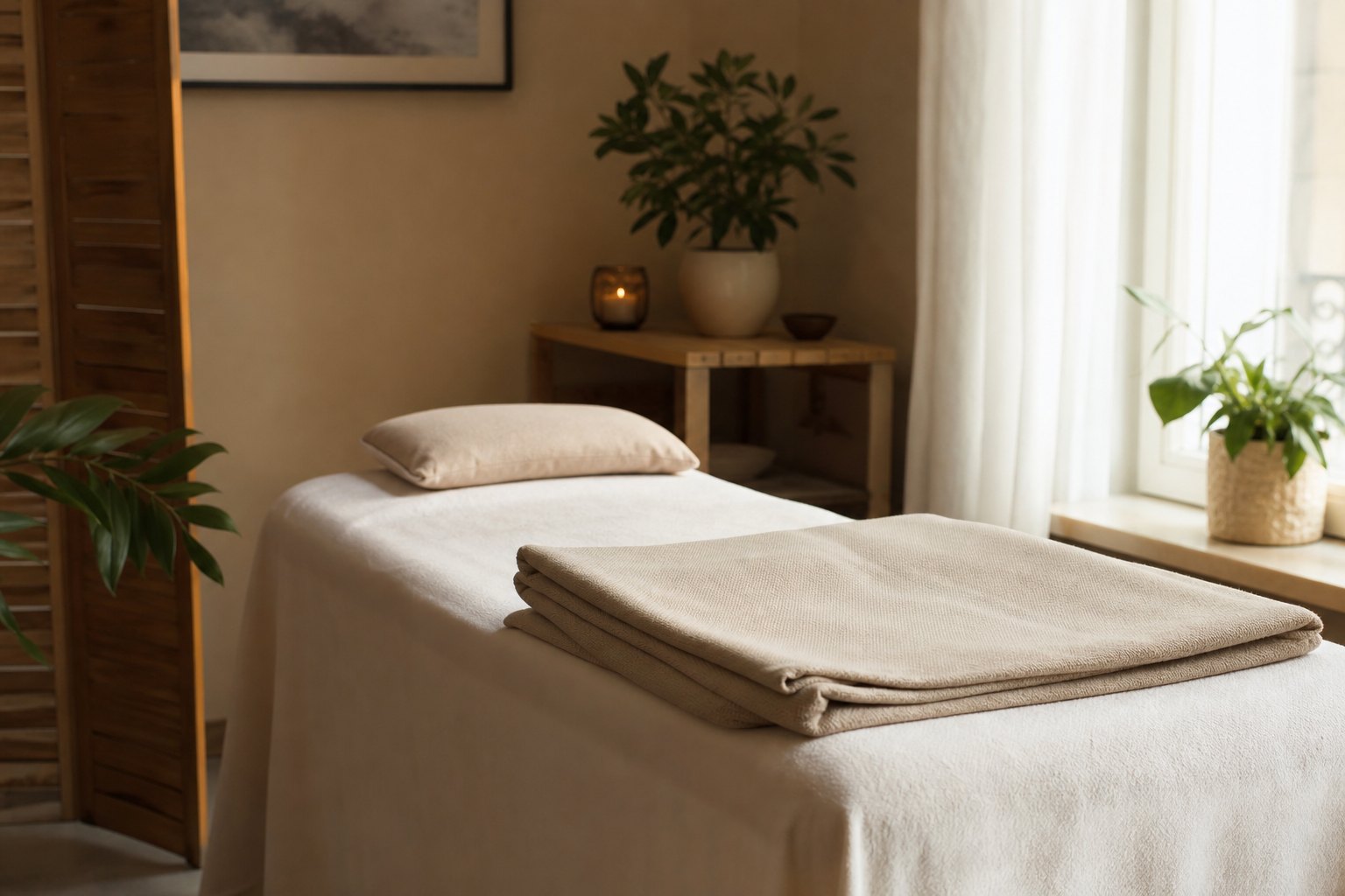 A private treatment table prepared with a pillow and folded neutral blanket near a softly lit window