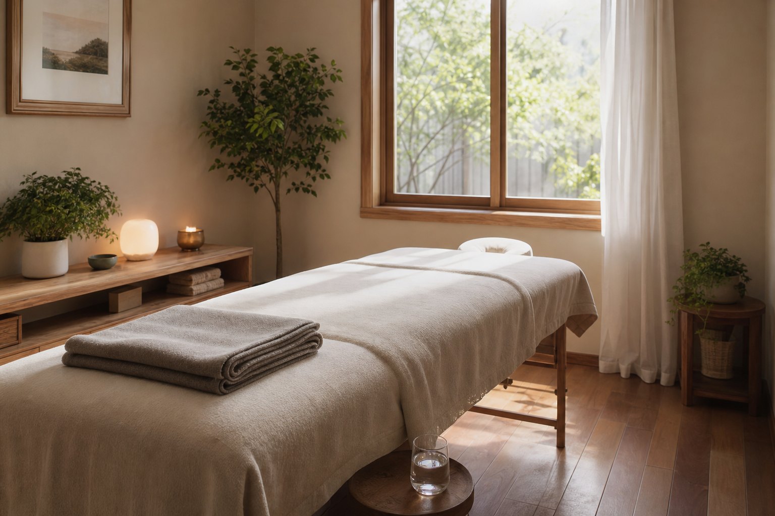 A private Reiki room prepared with a treatment table, folded blanket, water, and natural light
