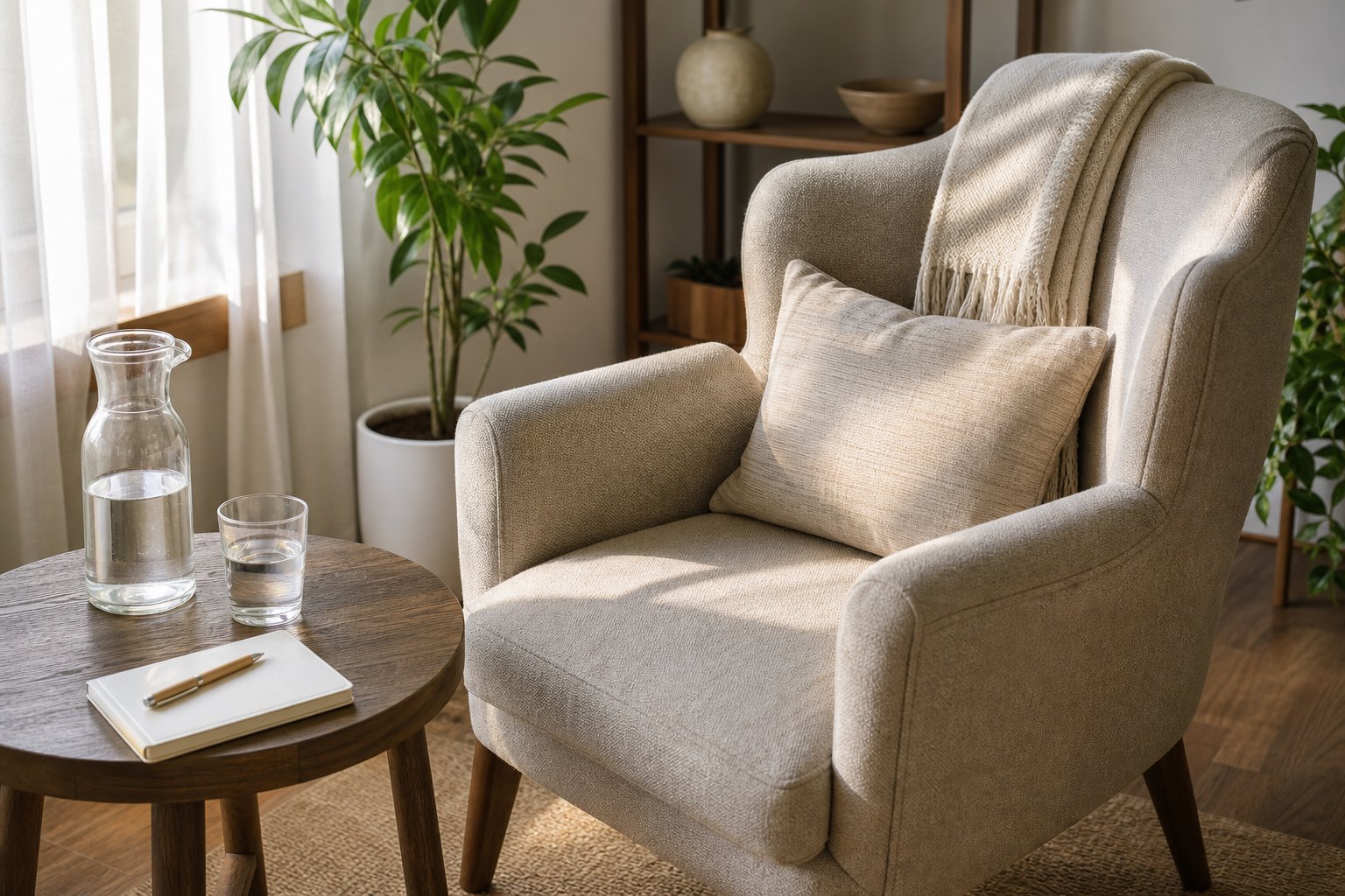 A comfortable chair with a blanket, water, and blank notebook in a quiet sunlit space