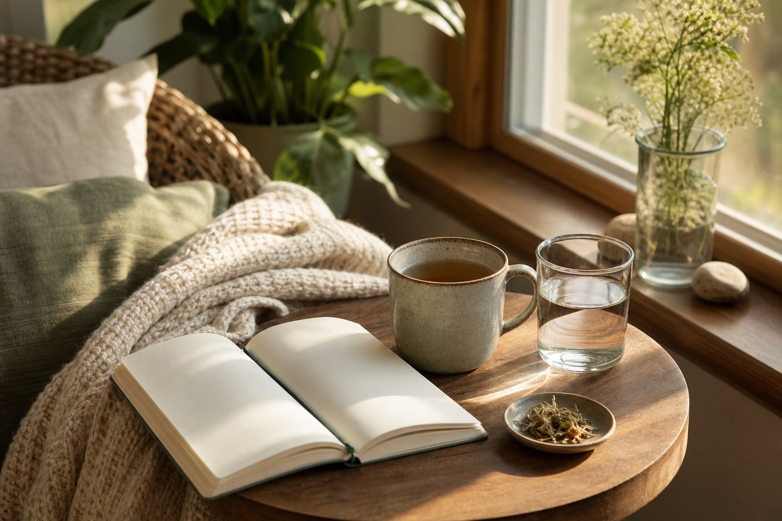 A cup of tea, water, and a blank journal on a wood table near a sunlit window