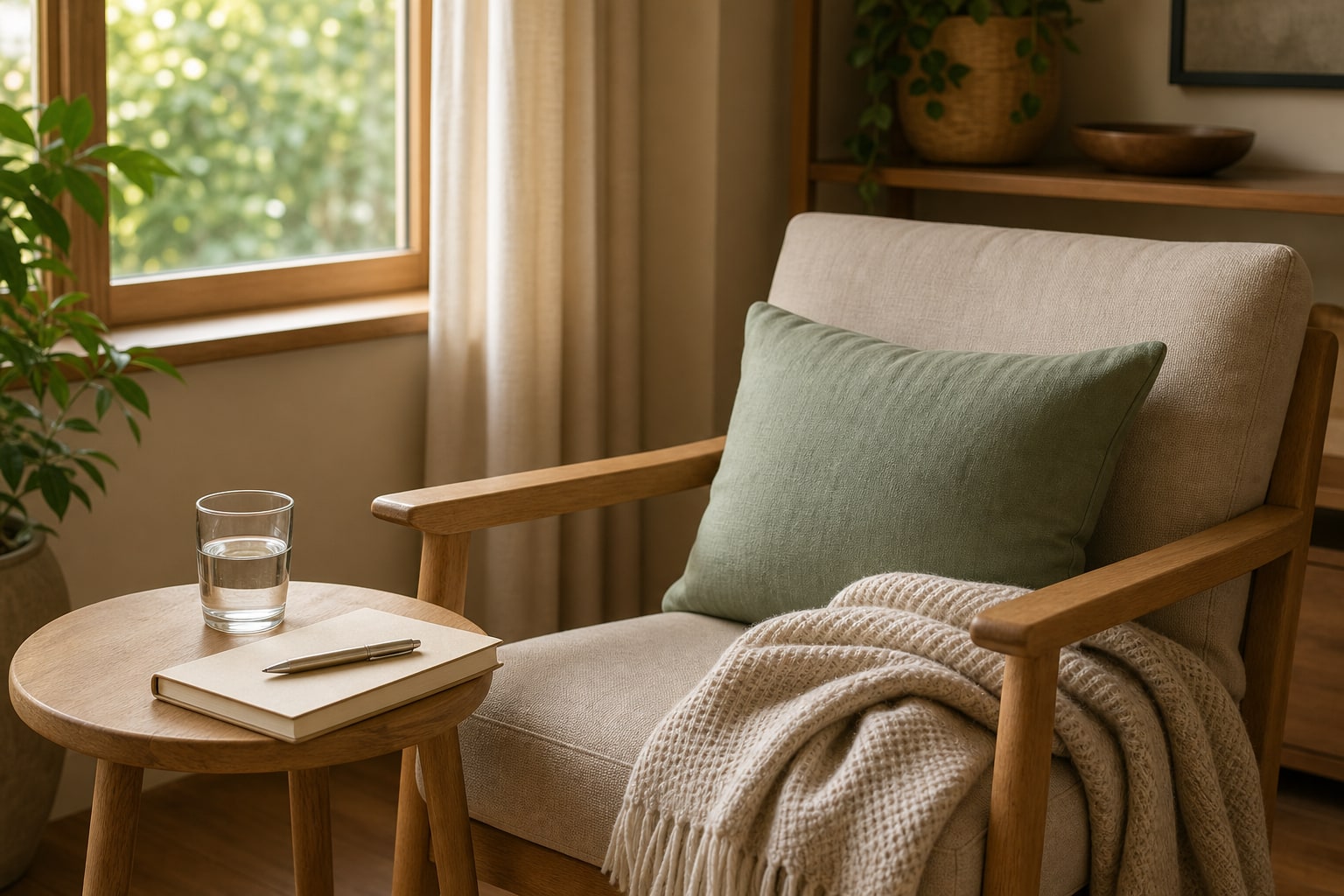 A comfortable chair with a blanket, water, and a blank journal beside a sunny window
