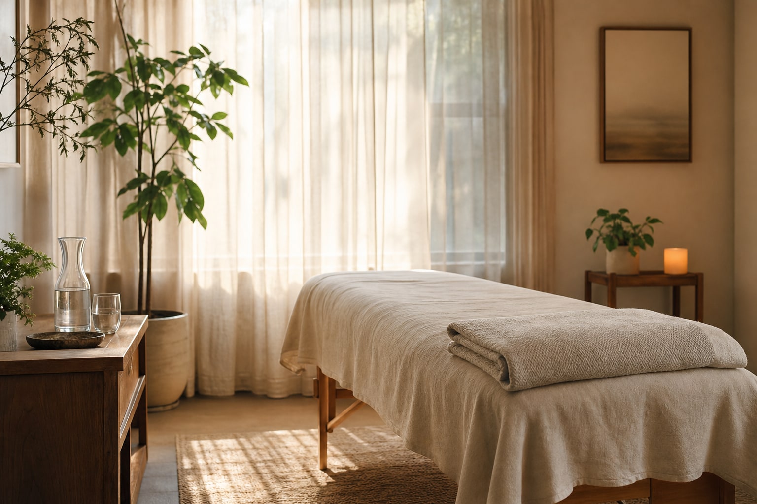 A quiet Reiki treatment room prepared with a cream blanket, water, and soft window light