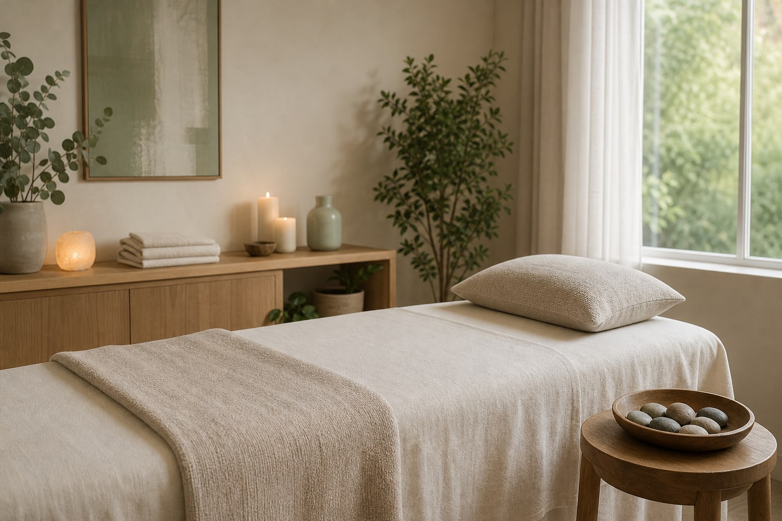 A peaceful Reiki treatment table with a pillow, folded blanket, and bowl of smooth stones