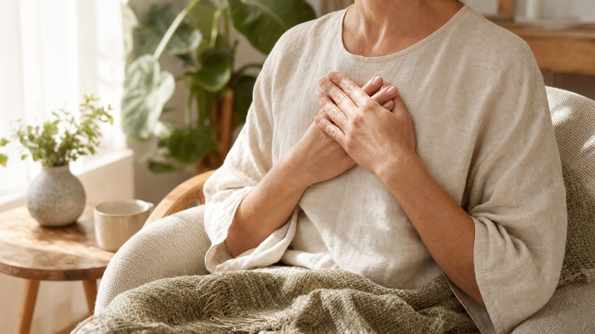 A person seated comfortably with their hands resting gently over their chest