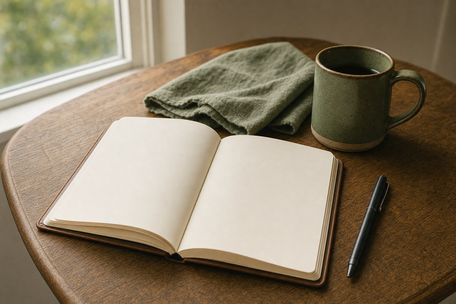 An open blank journal, a pen, a folded cloth, and a mug on a wood table