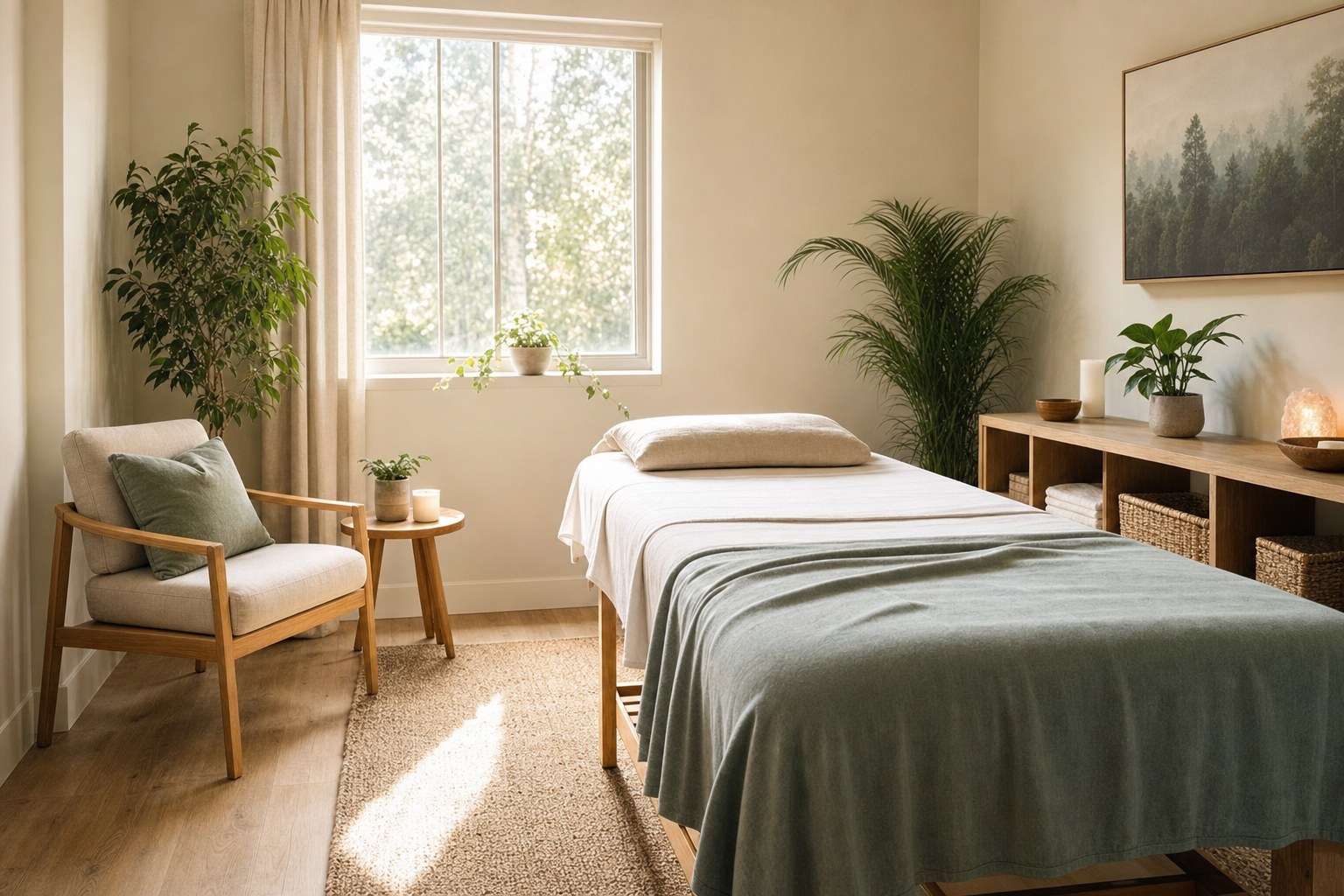A bright, tidy wellness room with a prepared treatment table and comfortable chair