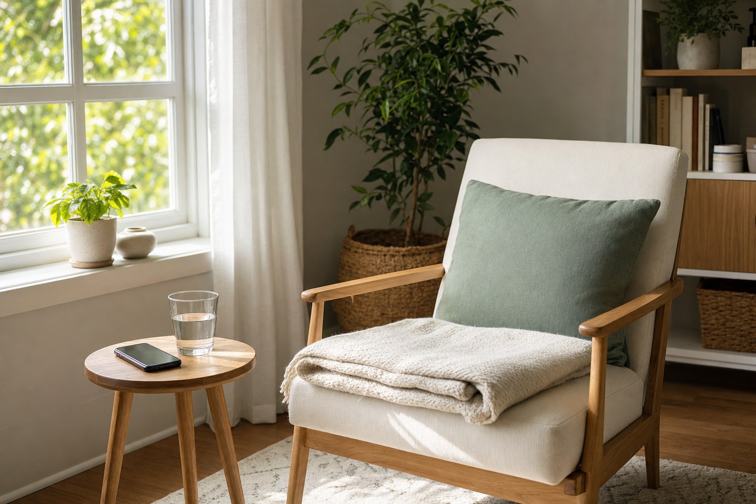 A supportive chair with a blanket, water, and phone set aside in a calm room