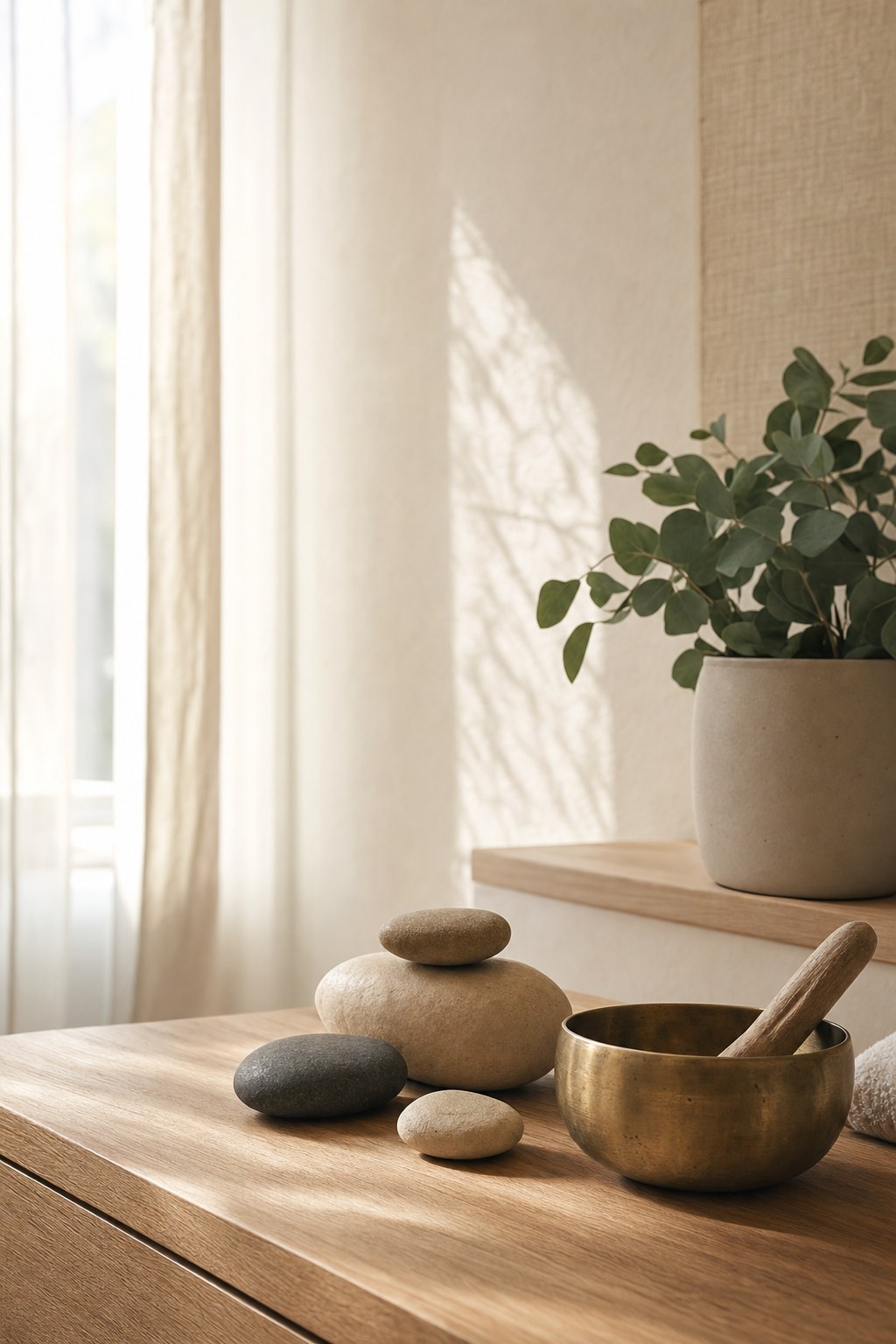 Singing bowl and smooth stones in warm natural light