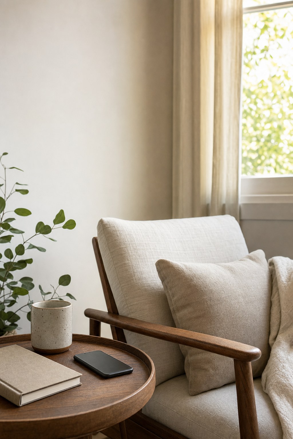 A calm chair, journal, and tea set beside a sunny window