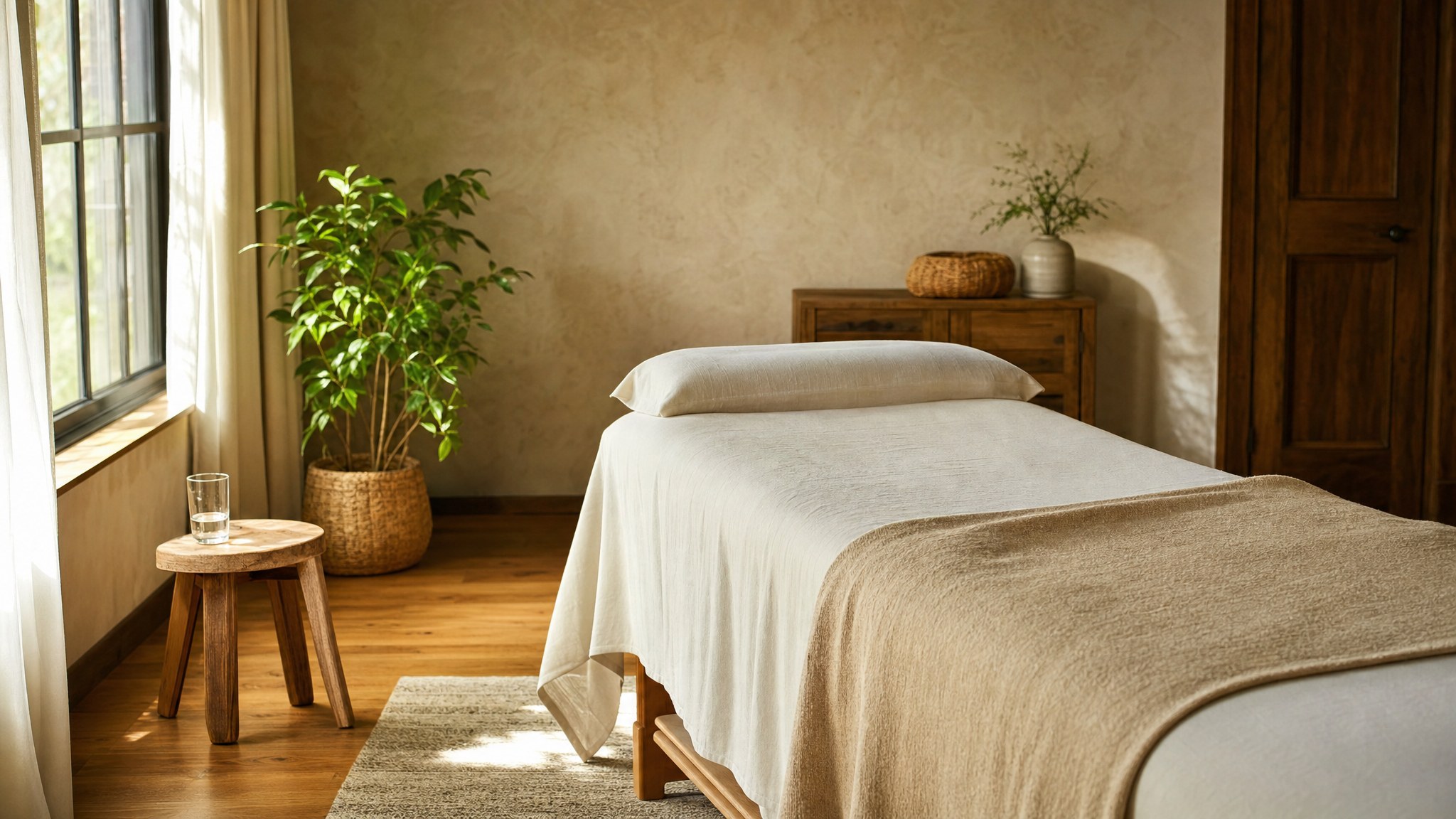 A calm, sunlit treatment room prepared for a private Reiki appointment