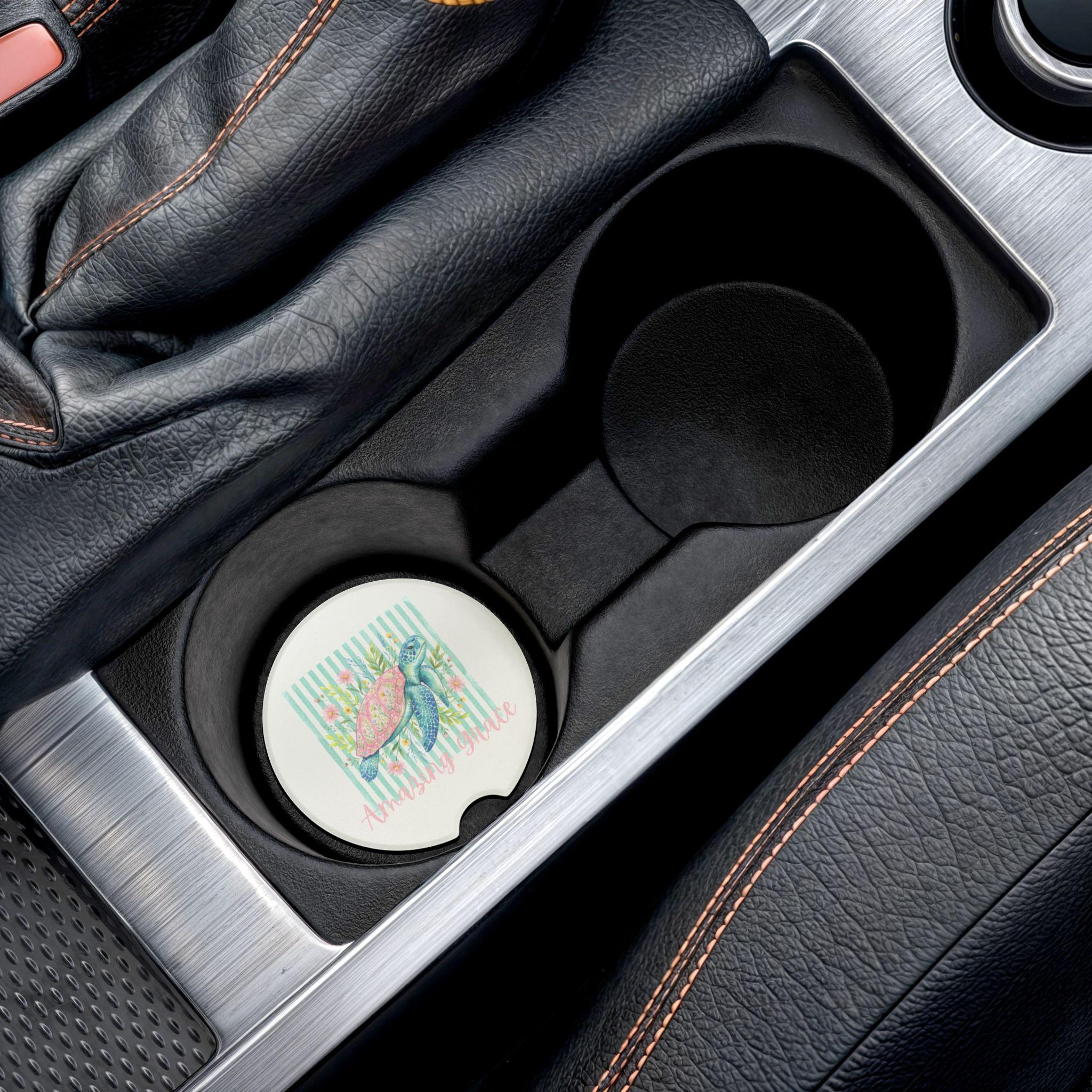 Sea Turtle Floral Stripe Soapstone Car Coaster, Coastal Dashboard Decor