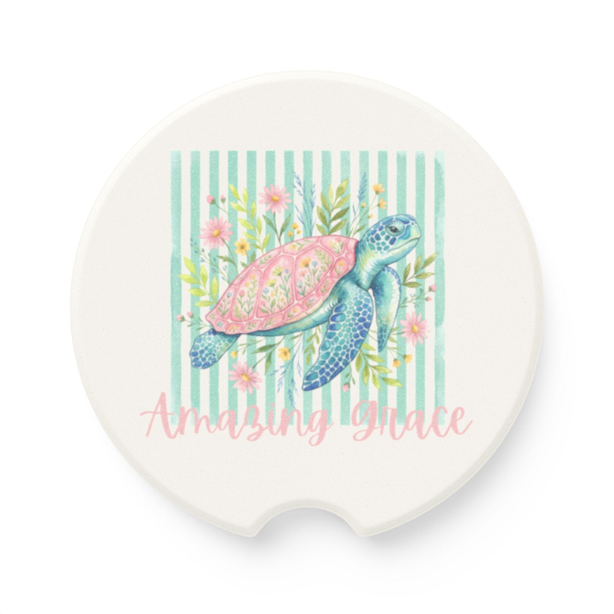 Sea Turtle Floral Stripe Soapstone Car Coaster, Coastal Dashboard Decor, product image 3