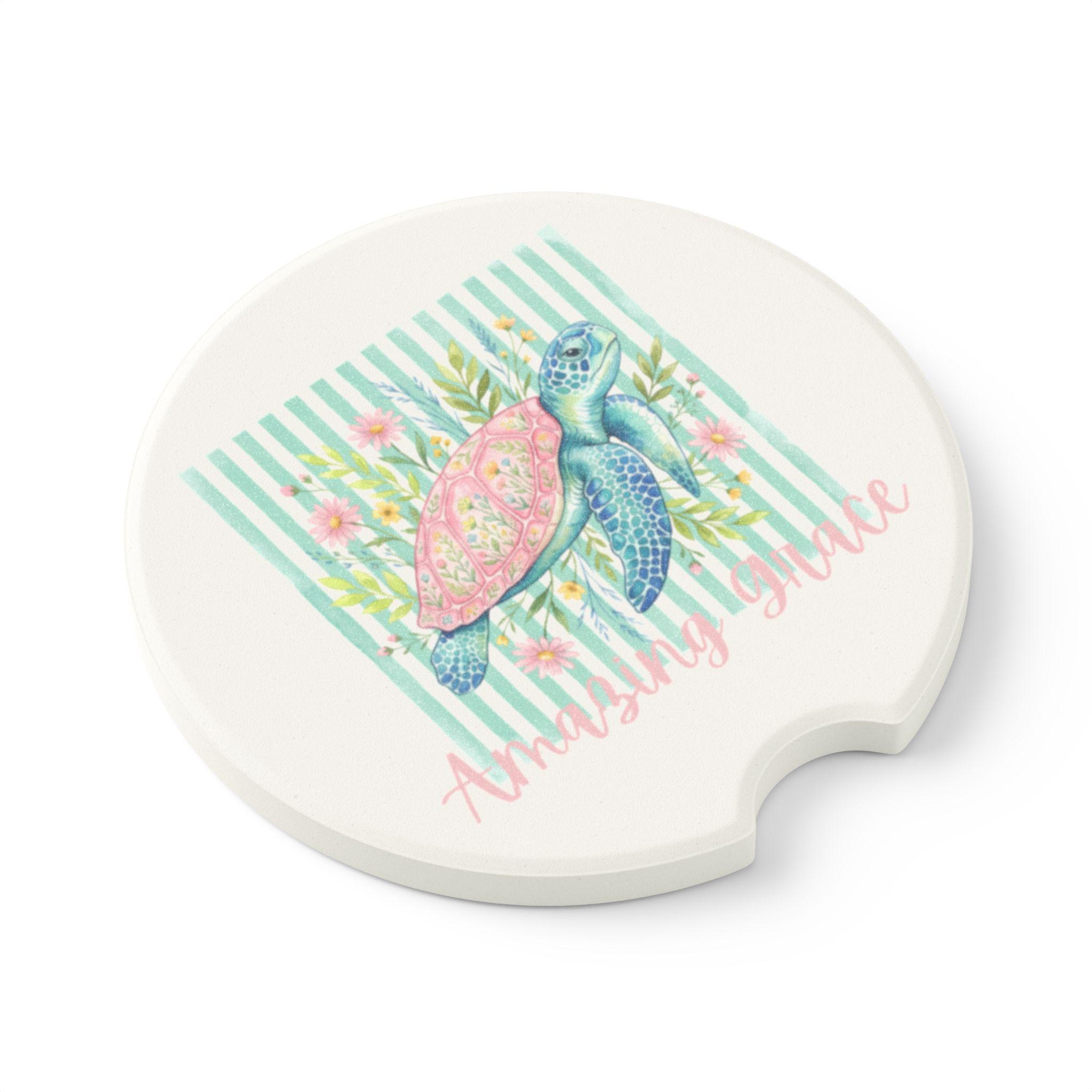 Sea Turtle Floral Stripe Soapstone Car Coaster, Coastal Dashboard Decor, product image 4
