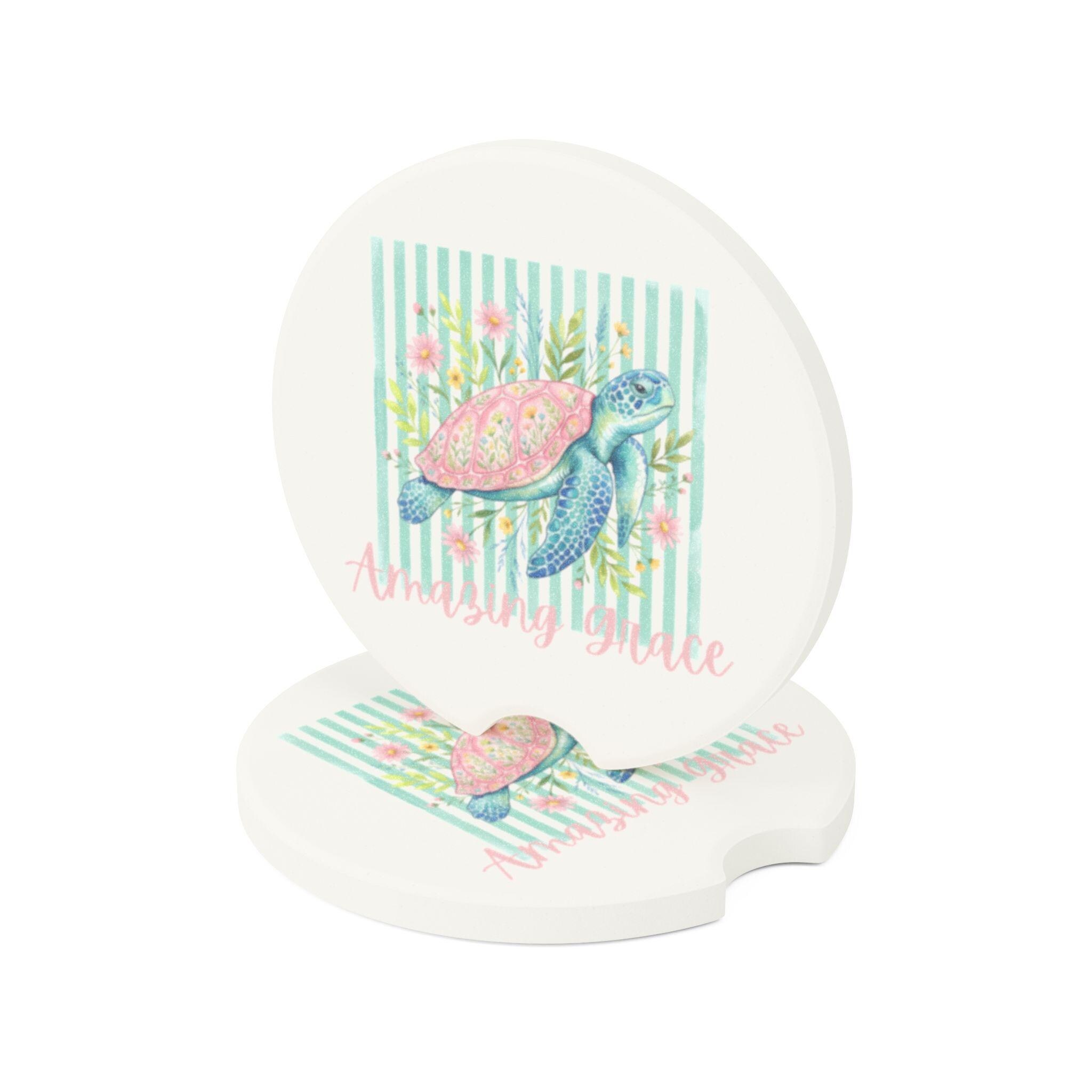 Sea Turtle Floral Stripe Soapstone Car Coaster, Coastal Dashboard Decor, product image 5