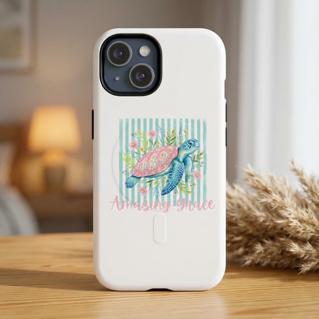 Sea Turtle Floral Phone Case | Watercolor Beach Stripes MagSafe Cover