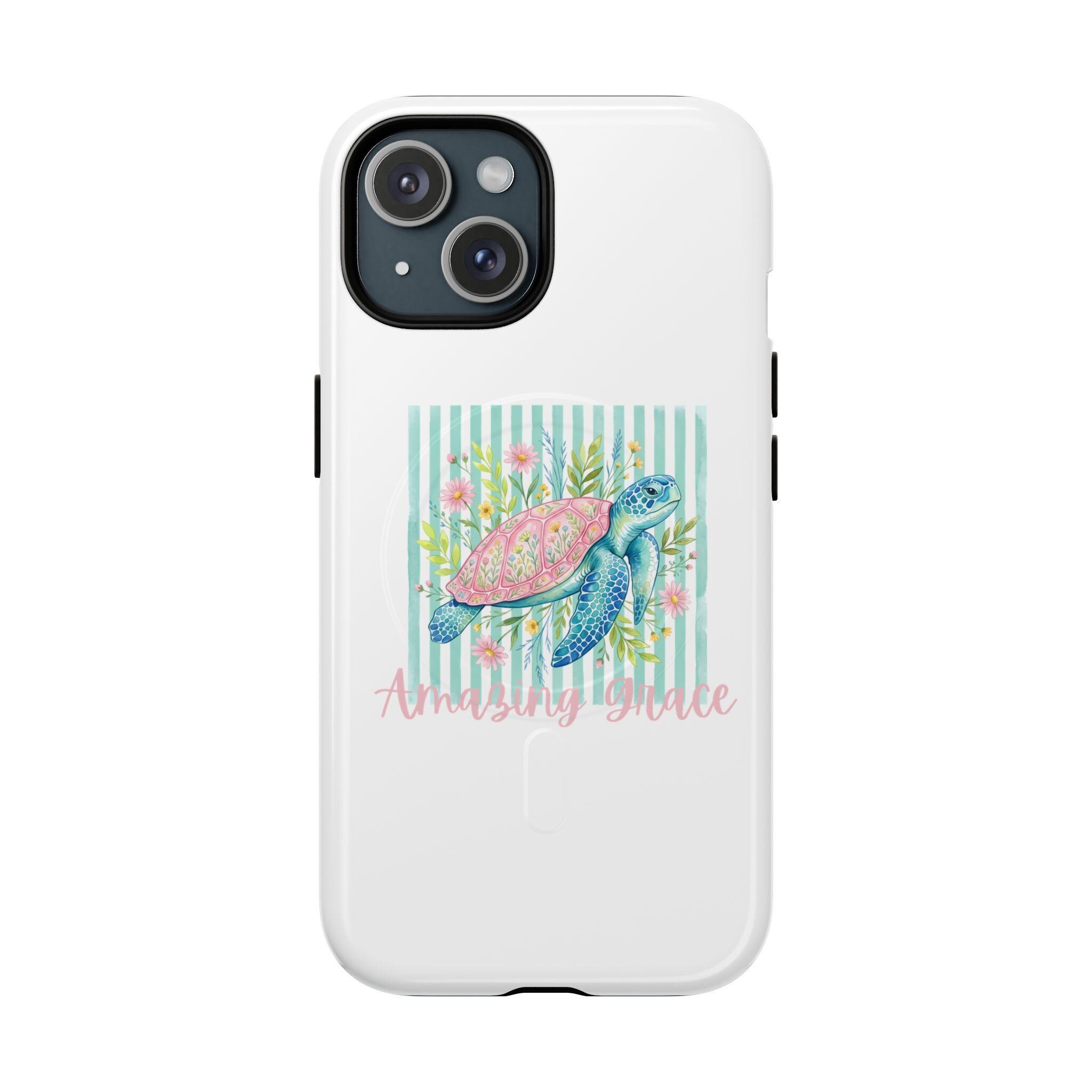 Sea Turtle Floral Phone Case | Watercolor Beach Stripes MagSafe Cover, product image 2