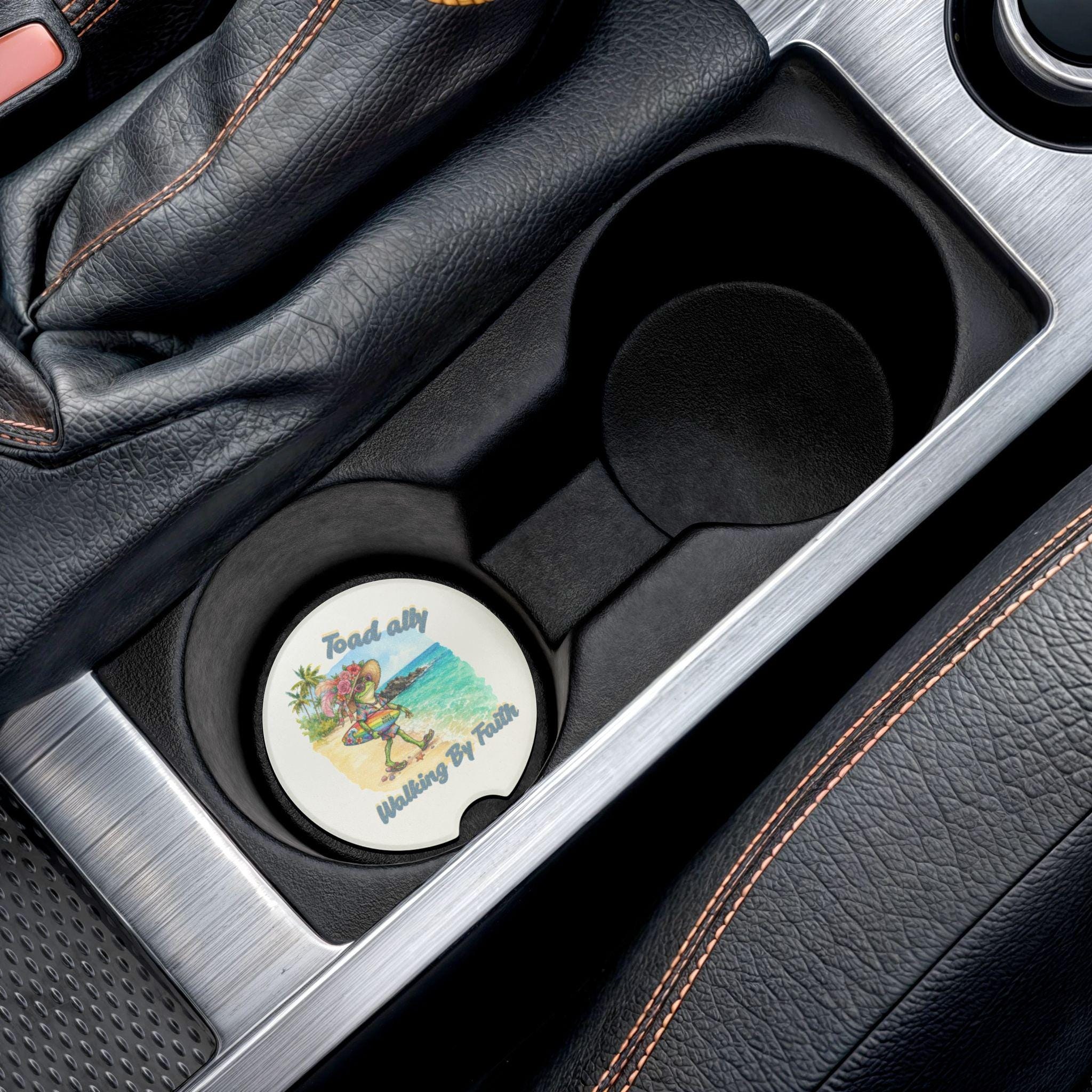 Toadally Walking By Faith Soapstone Car Coaster | Beach Frog Design, Car Cup Holder Mat