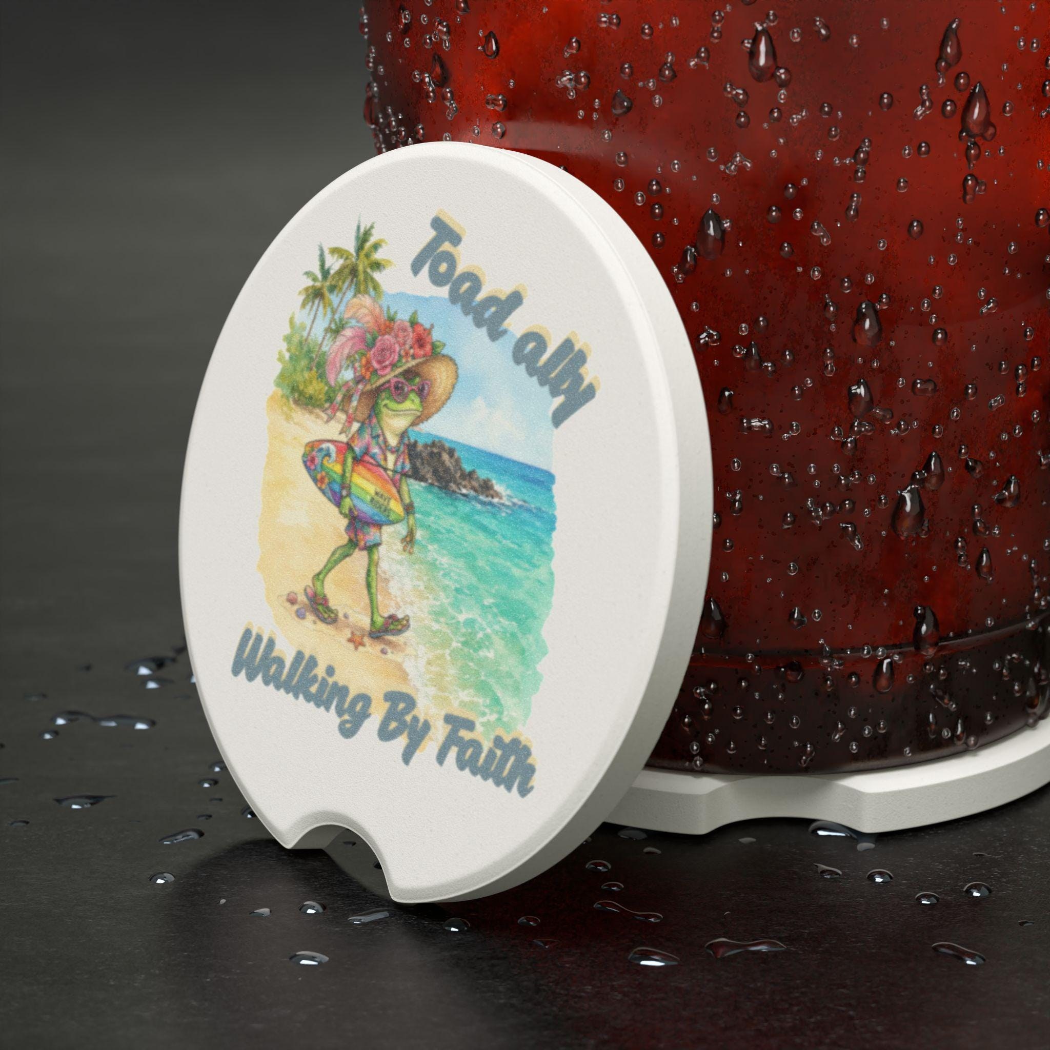 Toadally Walking By Faith Soapstone Car Coaster | Beach Frog Design, Car Cup Holder Mat, product image 2