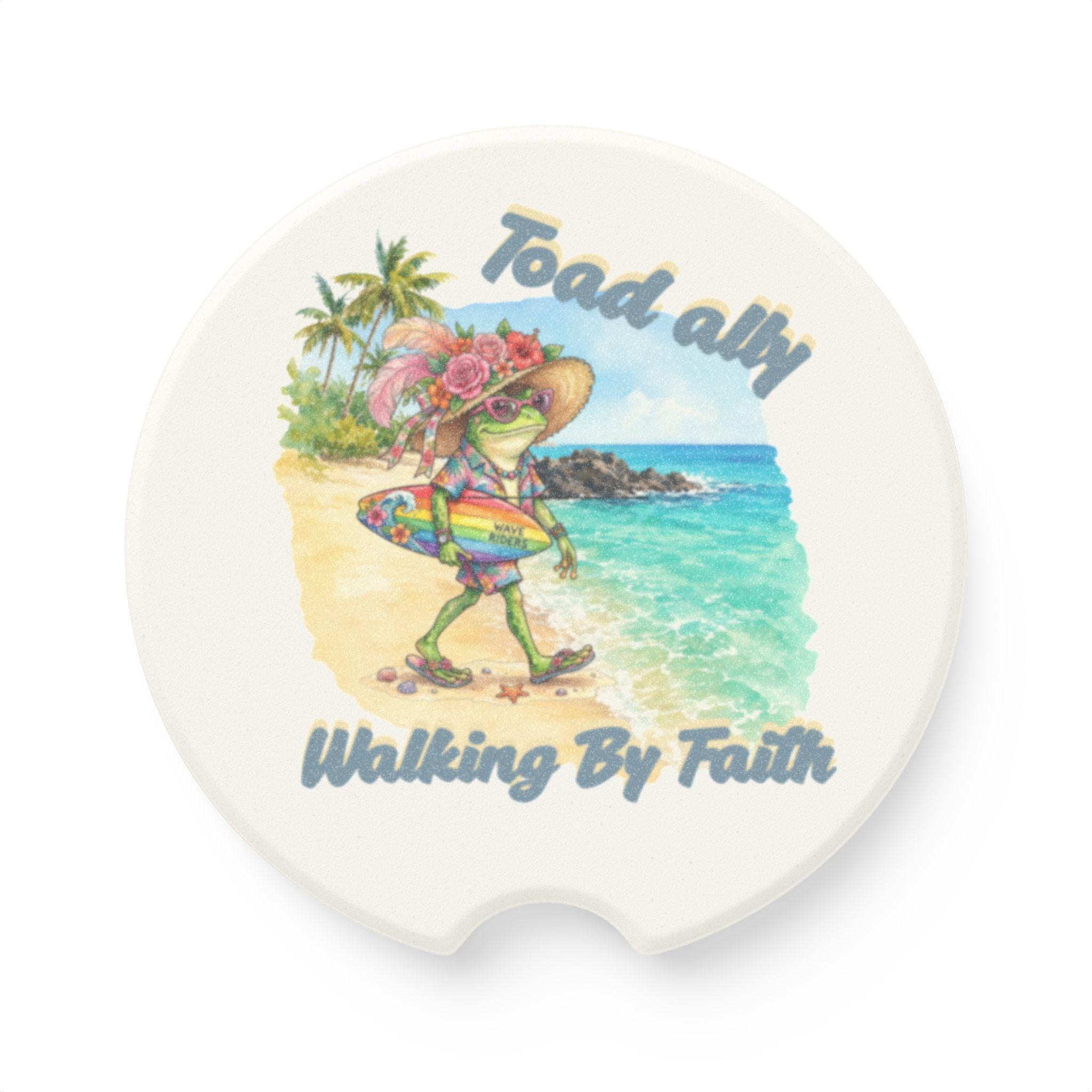 Toadally Walking By Faith Soapstone Car Coaster | Beach Frog Design, Car Cup Holder Mat, product image 3