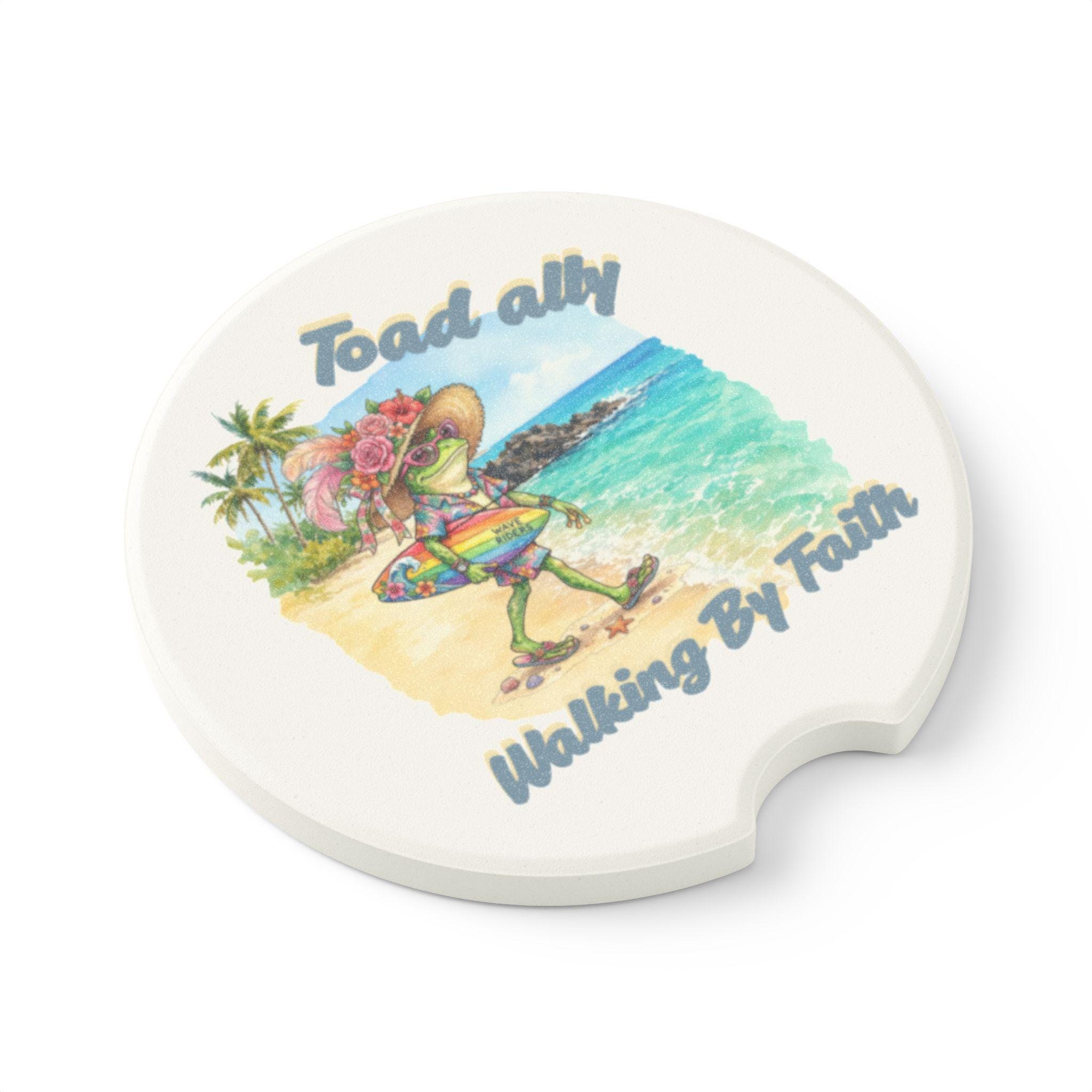 Toadally Walking By Faith Soapstone Car Coaster | Beach Frog Design, Car Cup Holder Mat, product image 4