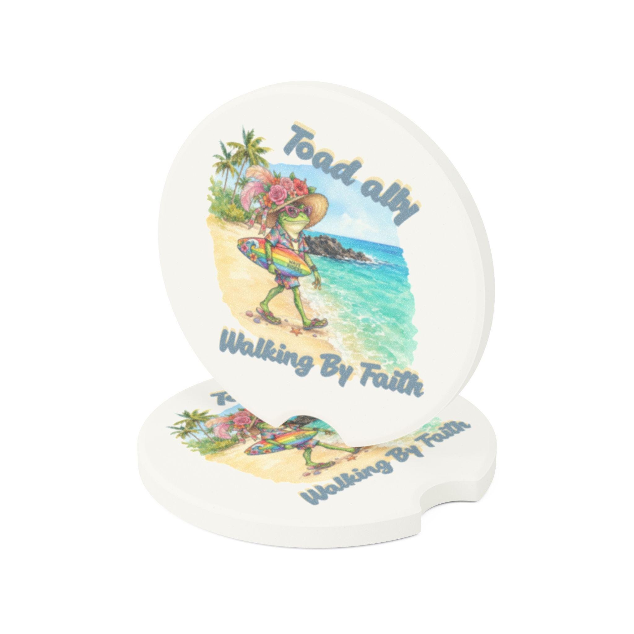 Toadally Walking By Faith Soapstone Car Coaster | Beach Frog Design, Car Cup Holder Mat, product image 5