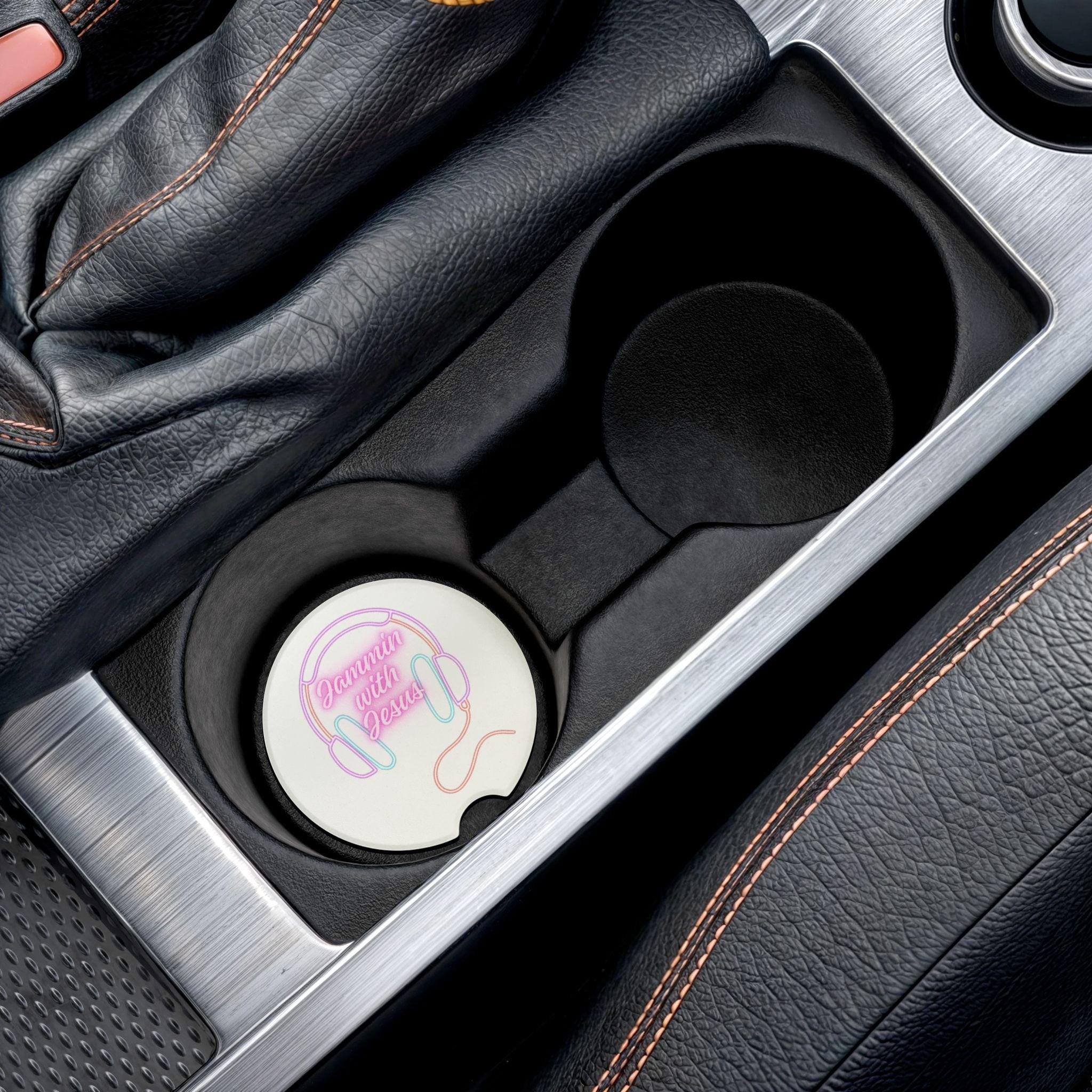 Jammin With Jesus Car Coaster | Soapstone Drink Holder, Neon Headphones Design
