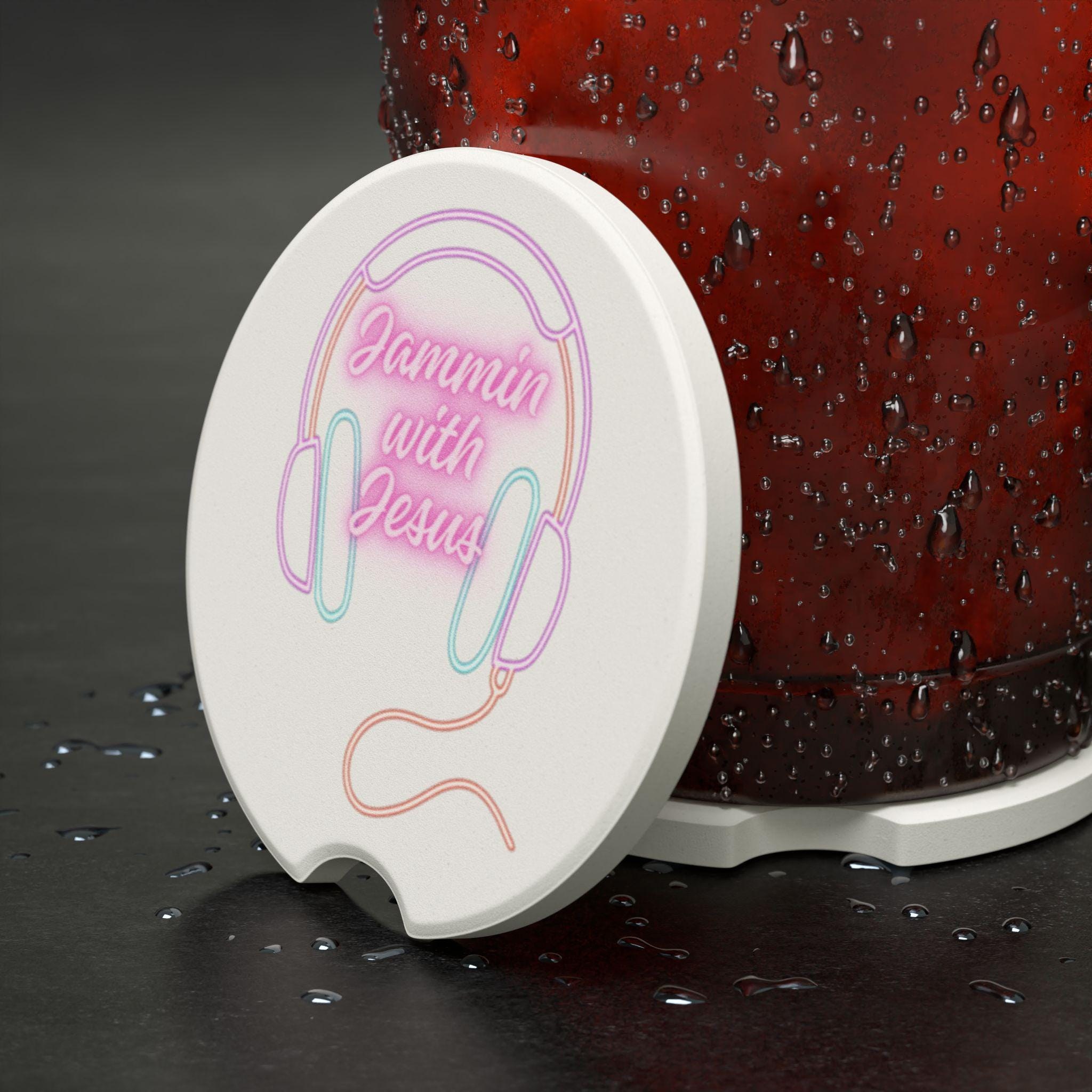 Jammin With Jesus Car Coaster | Soapstone Drink Holder, Neon Headphones Design, product image 2