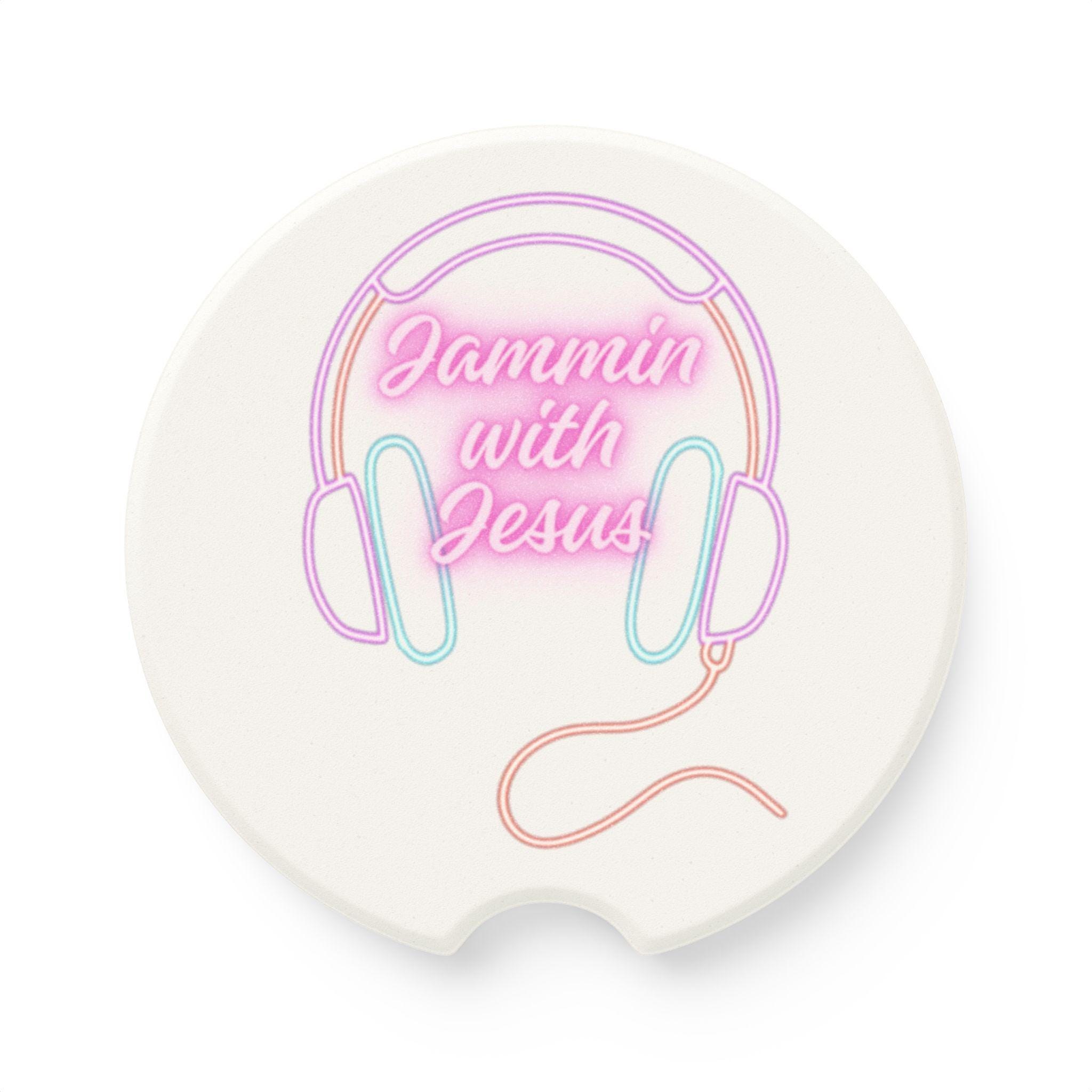 Jammin With Jesus Car Coaster | Soapstone Drink Holder, Neon Headphones Design, product image 3