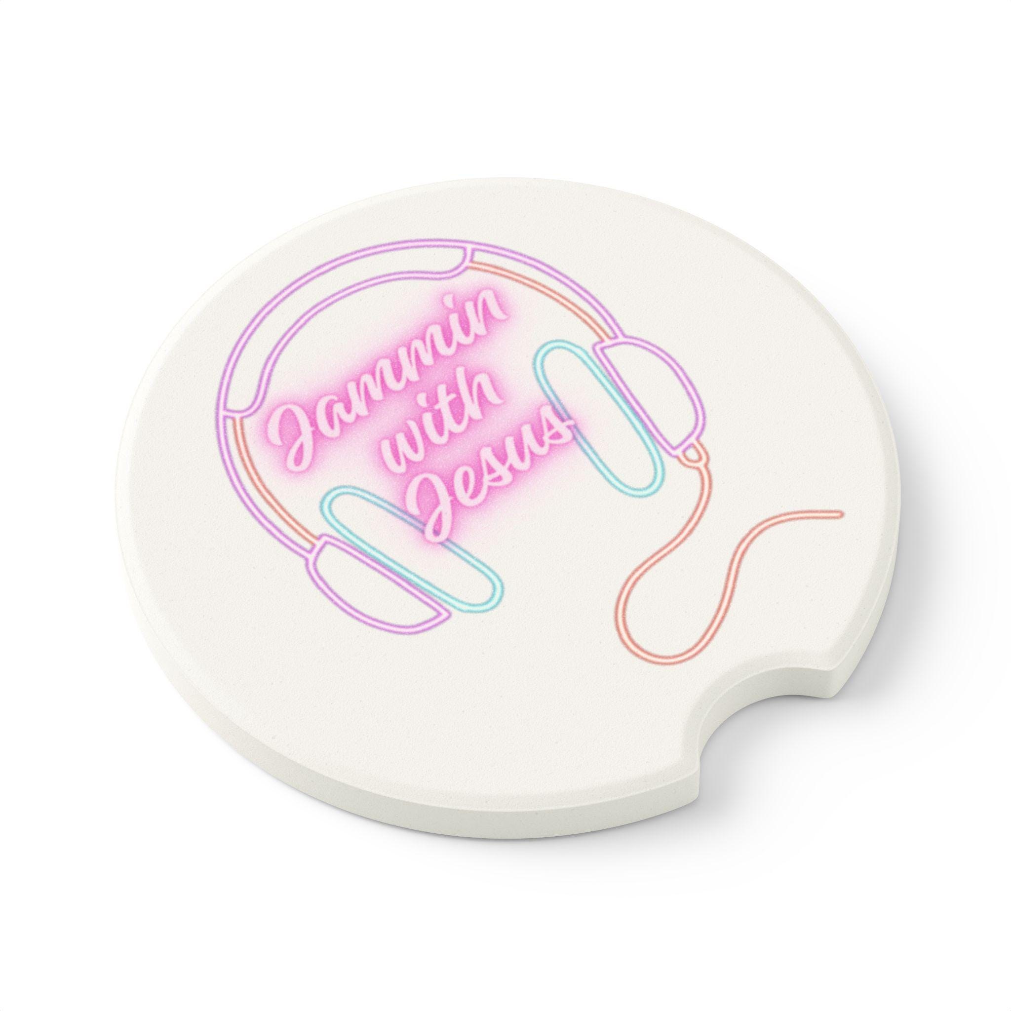 Jammin With Jesus Car Coaster | Soapstone Drink Holder, Neon Headphones Design, product image 4